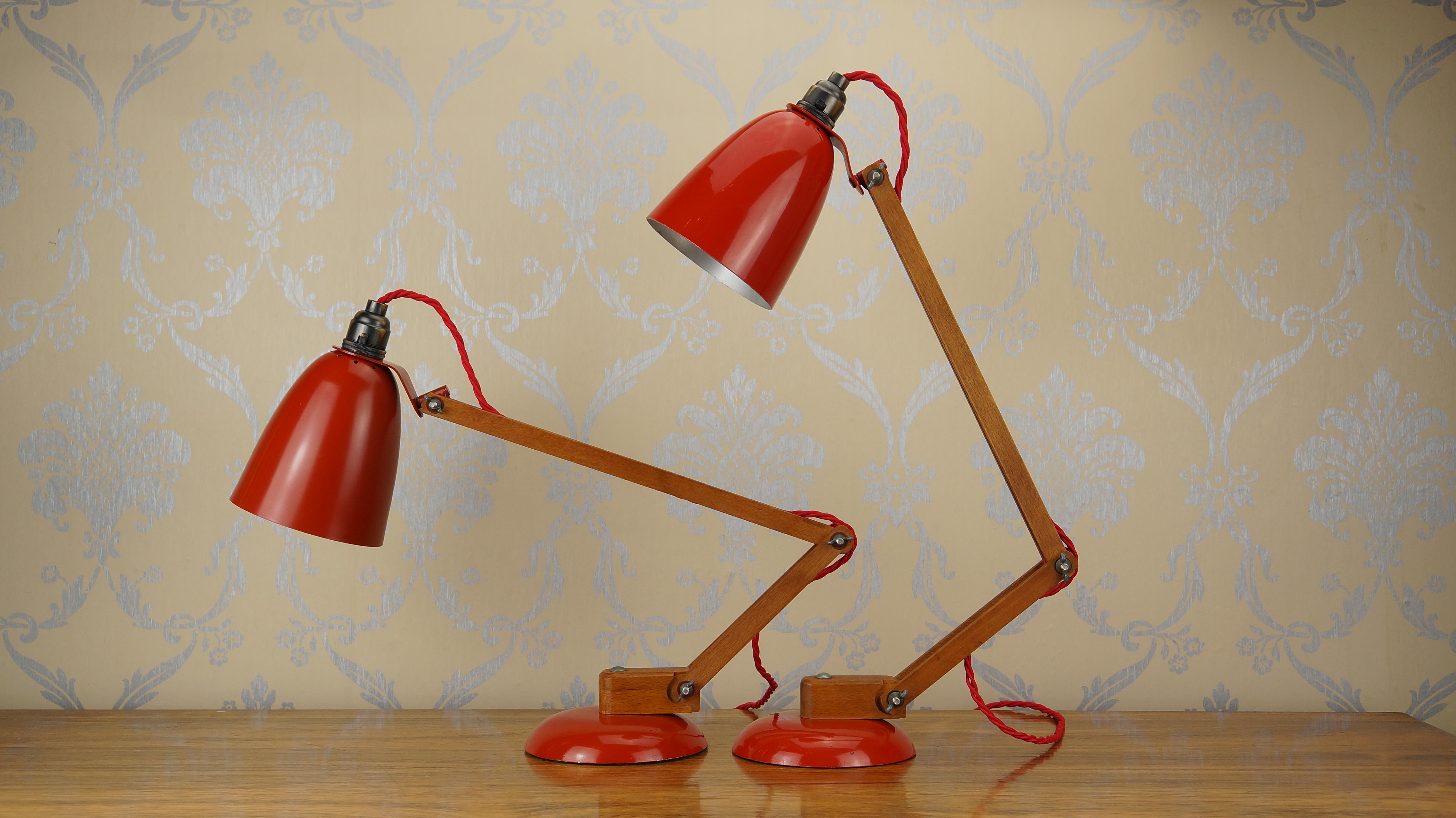 Pair Vintage Wood Orange Red Maclamp Table Desk Lamps, T. Conran, 50s Anglepoise 5