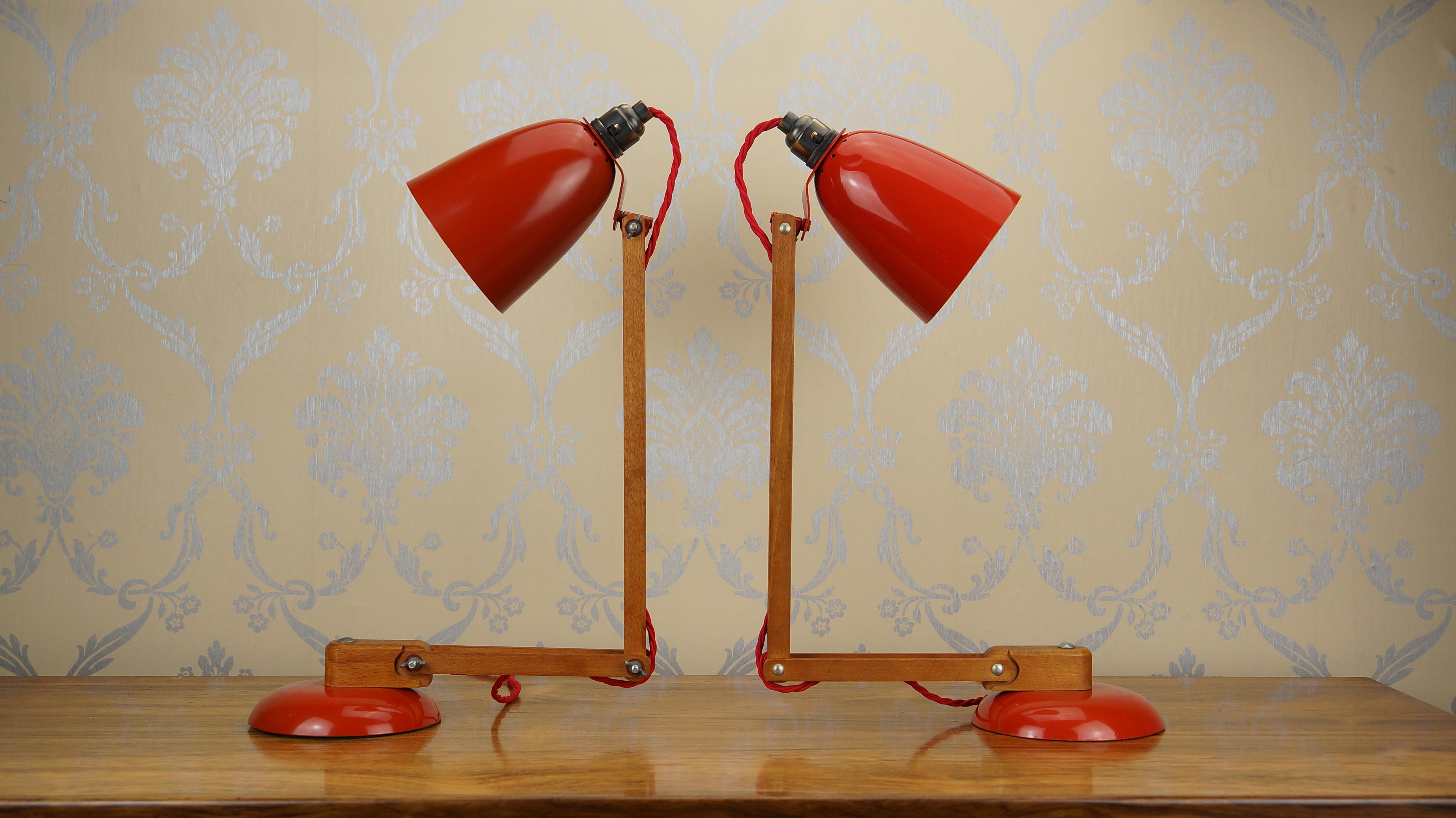Pair Vintage Wood Orange Red Maclamp Table Desk Lamps, T. Conran, 50s Anglepoise 6