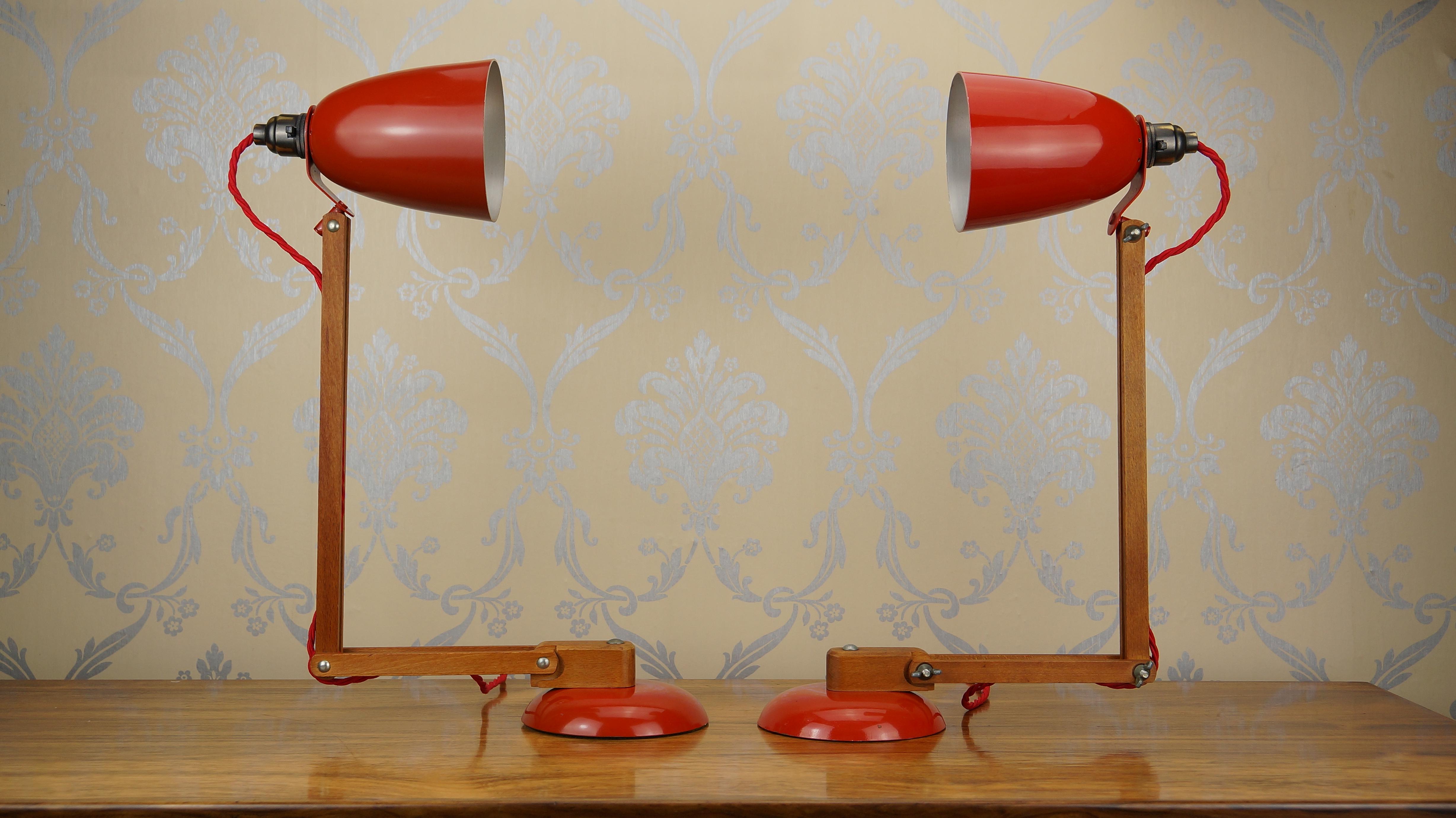 Pair Vintage Wood Orange Red Maclamp Table Desk Lamps, T. Conran, 50s Anglepoise 7