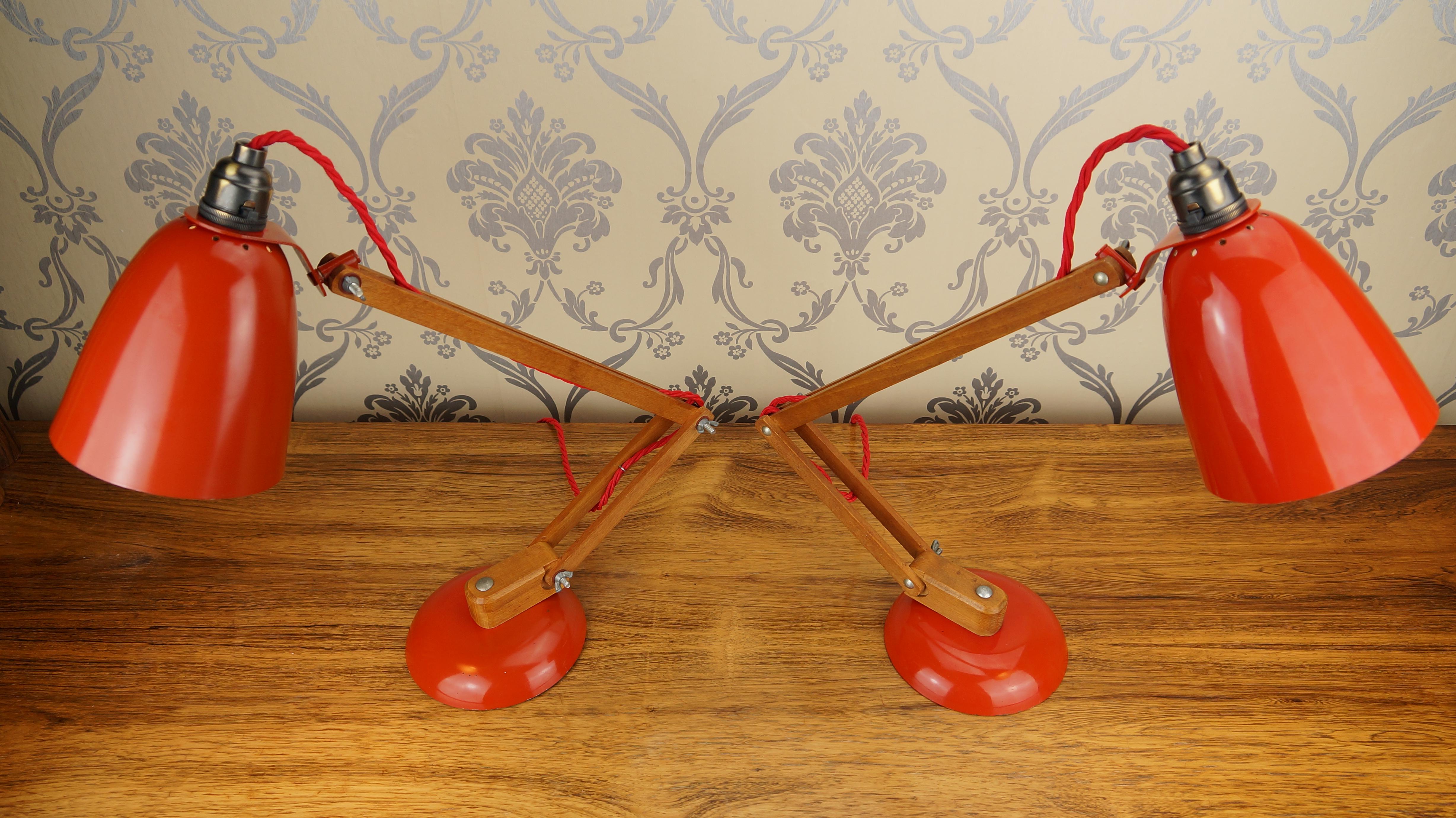 Pair Vintage Wood Orange Red Maclamp Table Desk Lamps, T. Conran, 50s Anglepoise 8