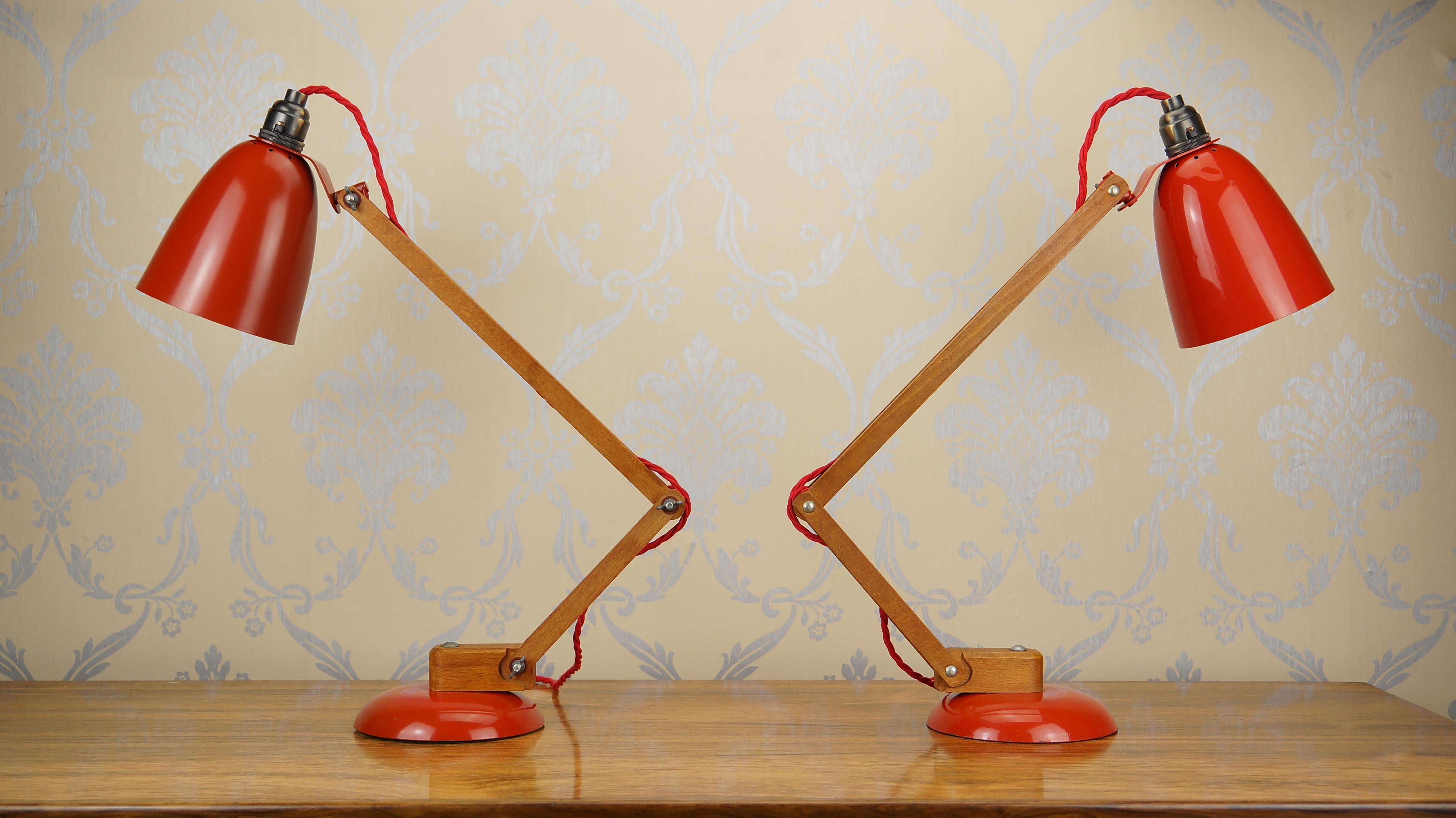 British Pair Vintage Wood Orange Red Maclamp Table Desk Lamps, T. Conran, 50s Anglepoise