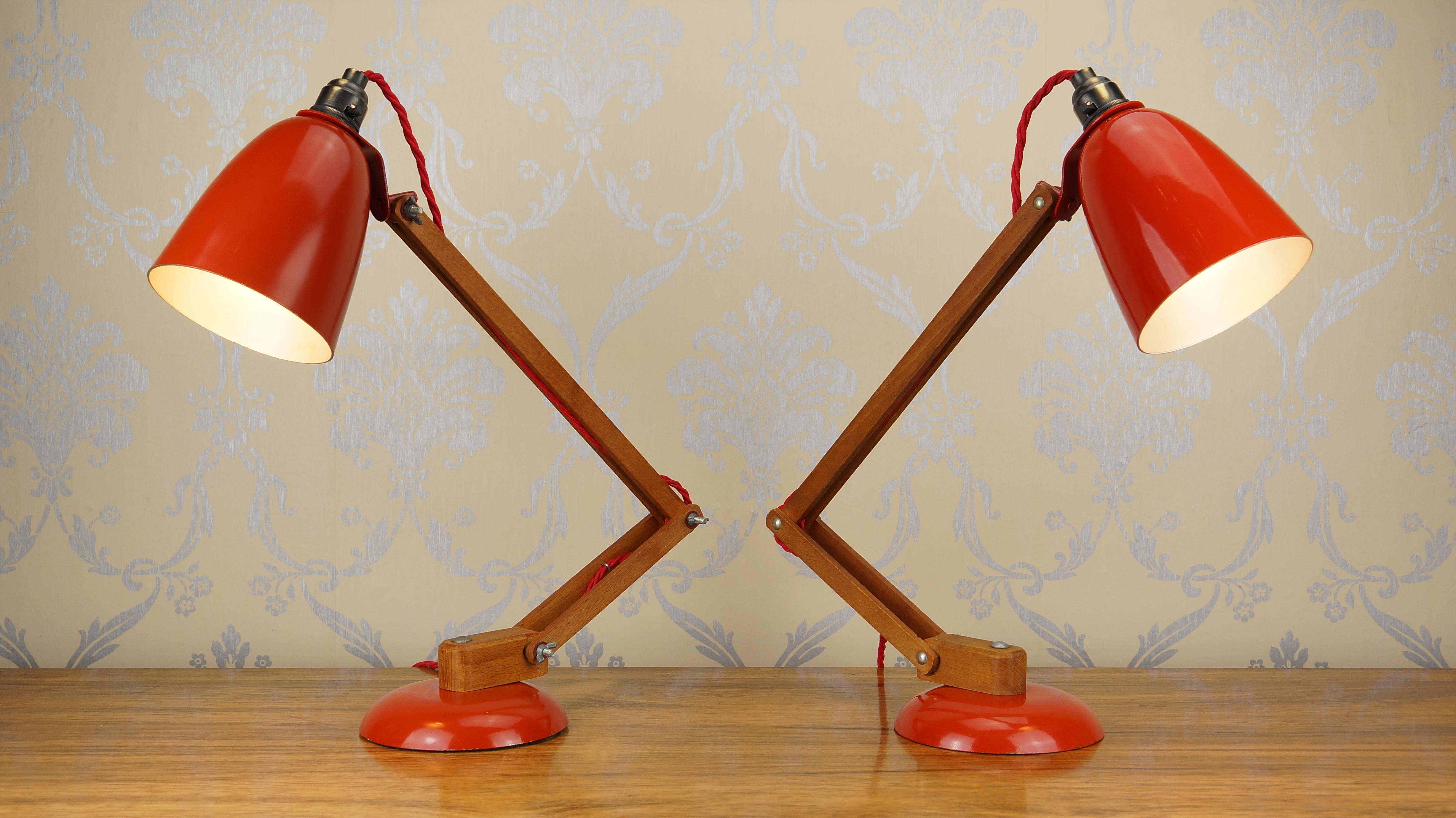 Pair Vintage Wood Orange Red Maclamp Table Desk Lamps, T. Conran, 50s Anglepoise In Good Condition In Huddersfield, GB
