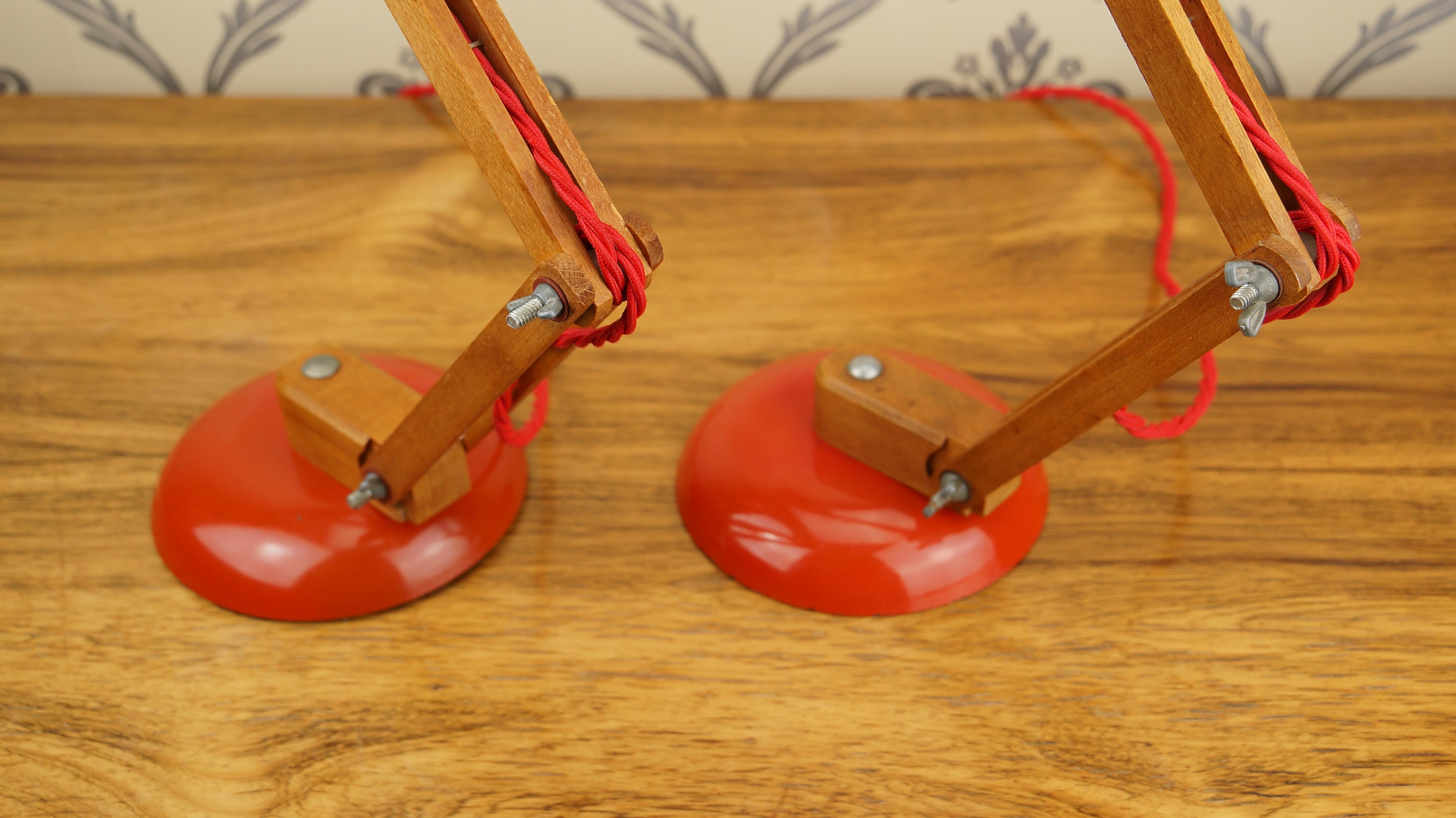 Beech Pair Vintage Wood Orange Red Maclamp Table Desk Lamps, T. Conran, 50s Anglepoise
