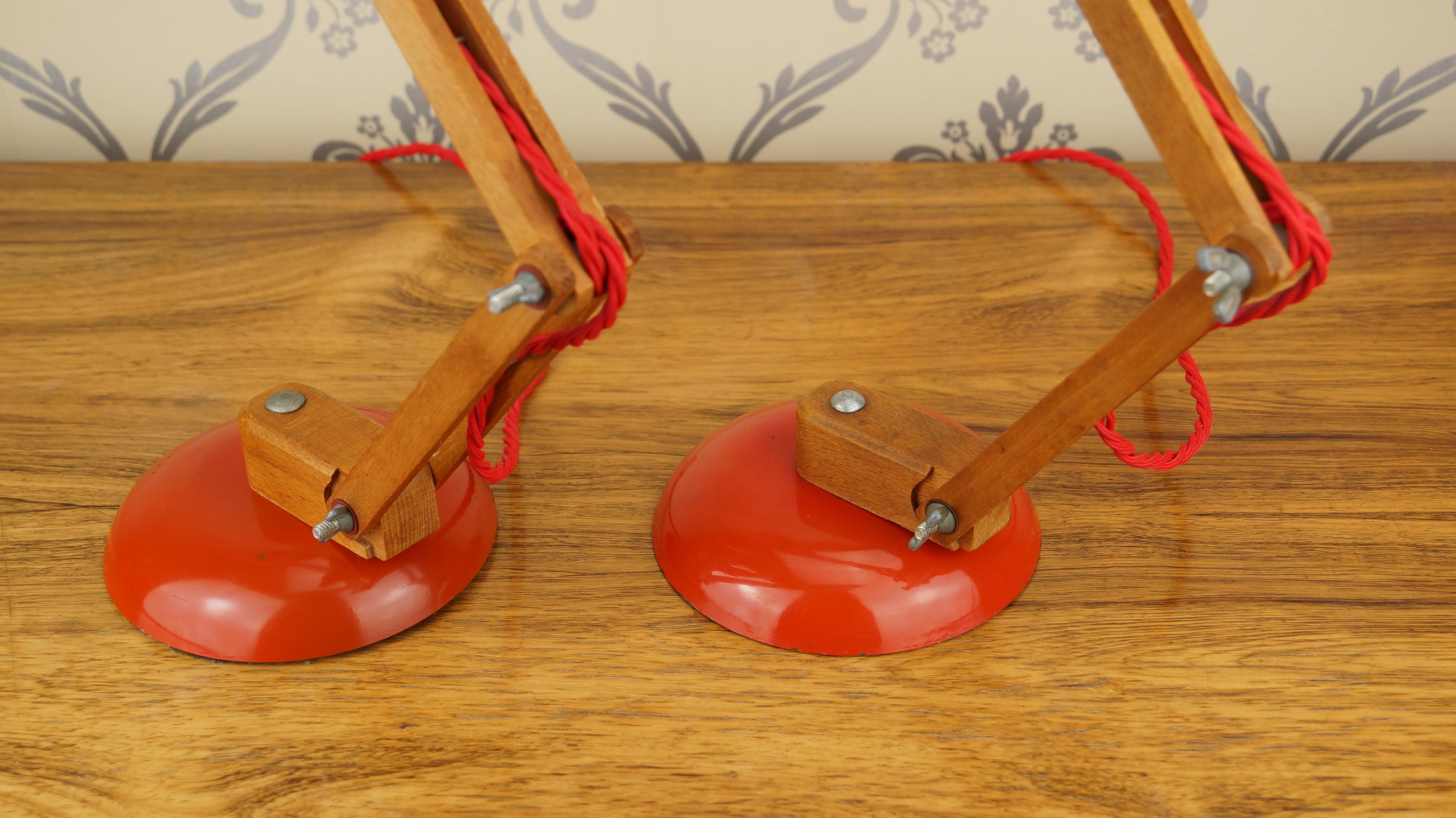 Pair Vintage Wood Orange Red Maclamp Table Desk Lamps, T. Conran, 50s Anglepoise 1