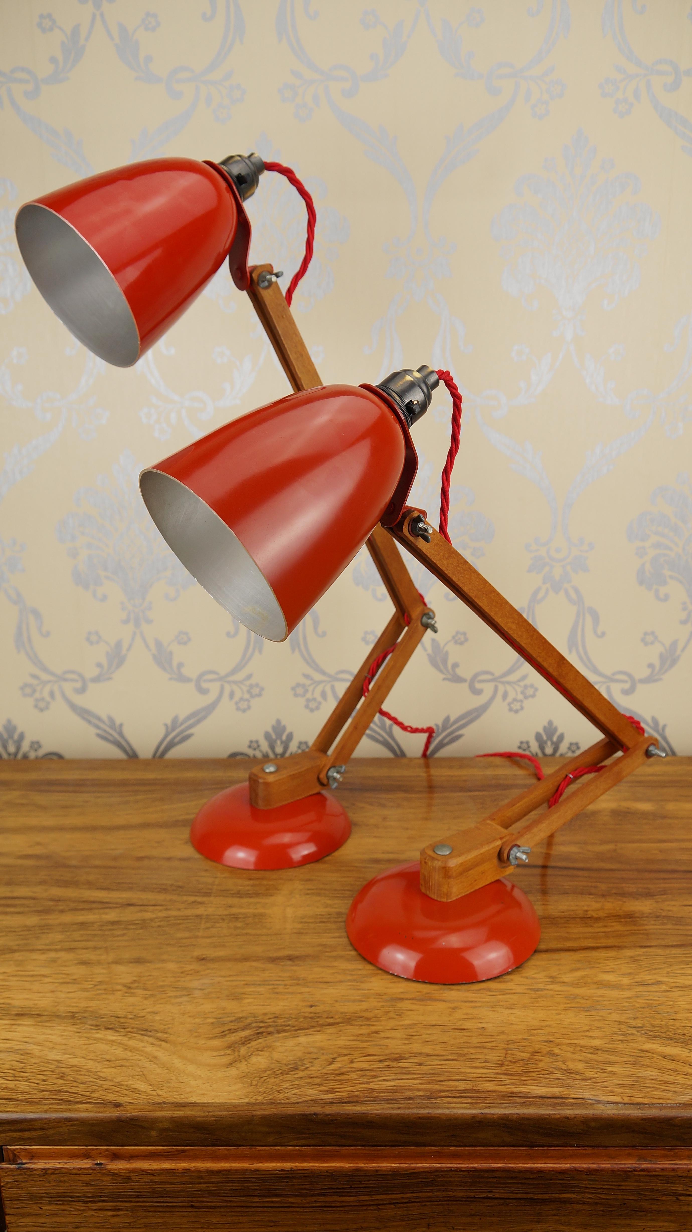 Pair Vintage Wood Orange Red Maclamp Table Desk Lamps, T. Conran, 50s Anglepoise 2