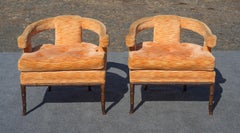 Pair T. H. Robsjohn Gibbings Style Faux Bamboo Wood & Salmon Lounge Chairs 1950s