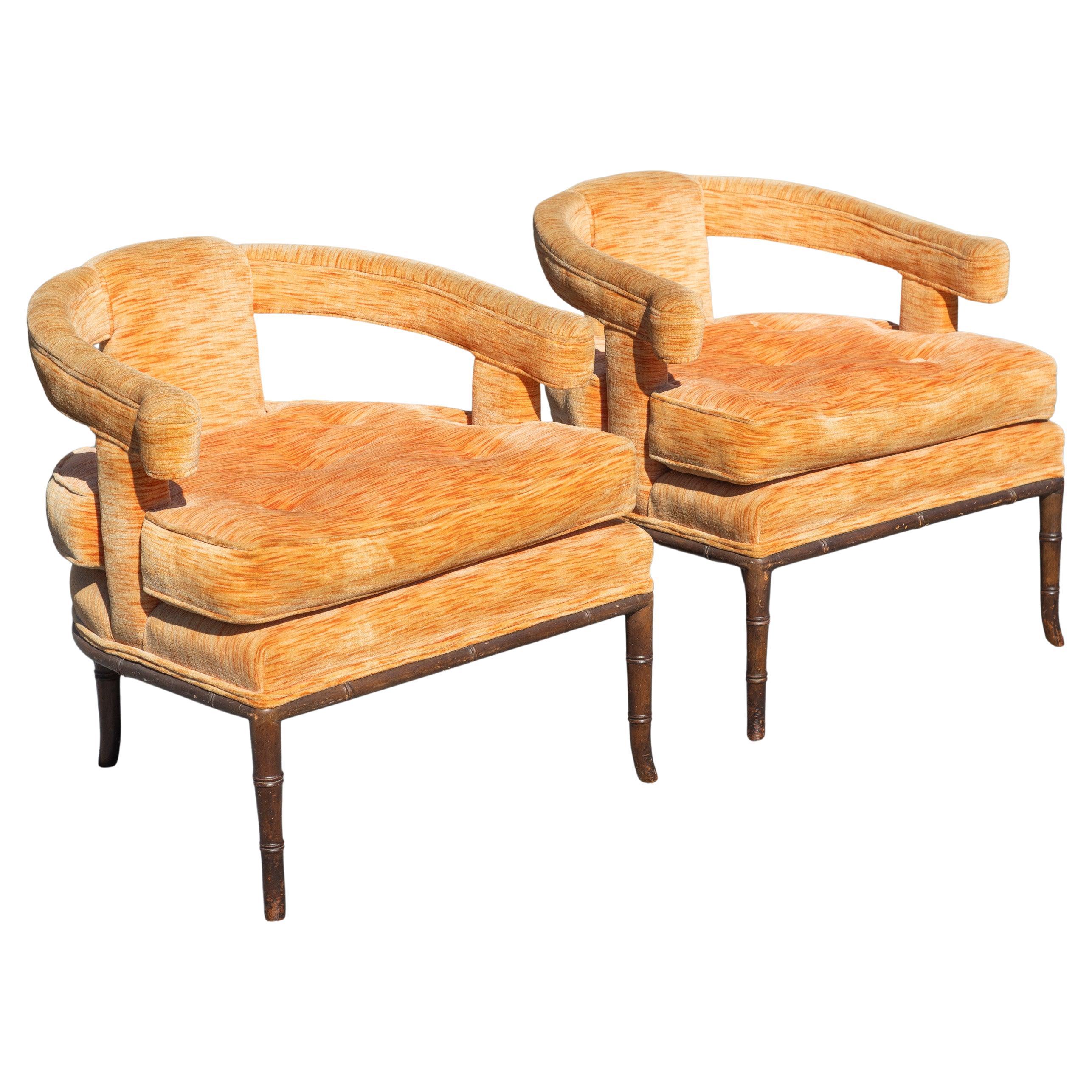 Pair T. H. Robsjohn Gibbings Style Faux Bamboo Wood & Salmon Lounge Chairs 1950s