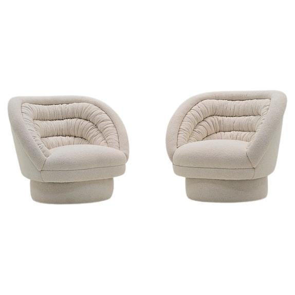 Pair Vladimir Kagan Crescent Chairs. White Boucle, 1970.  Beautiful Condition For Sale