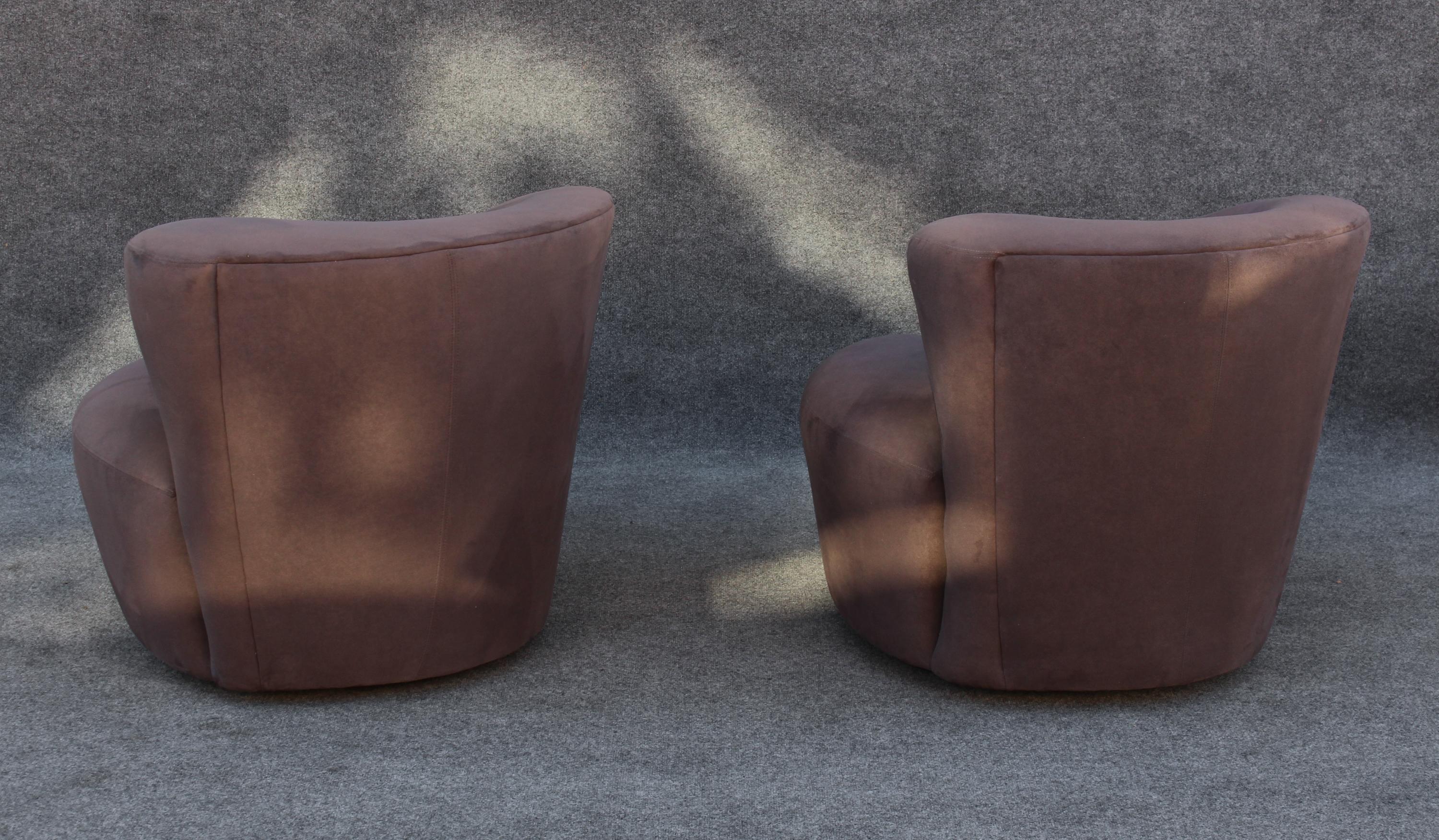 Pair Vladimir Kagan Directional Nautilus Corkscrew Matching Grey Swivel Chairs For Sale 3
