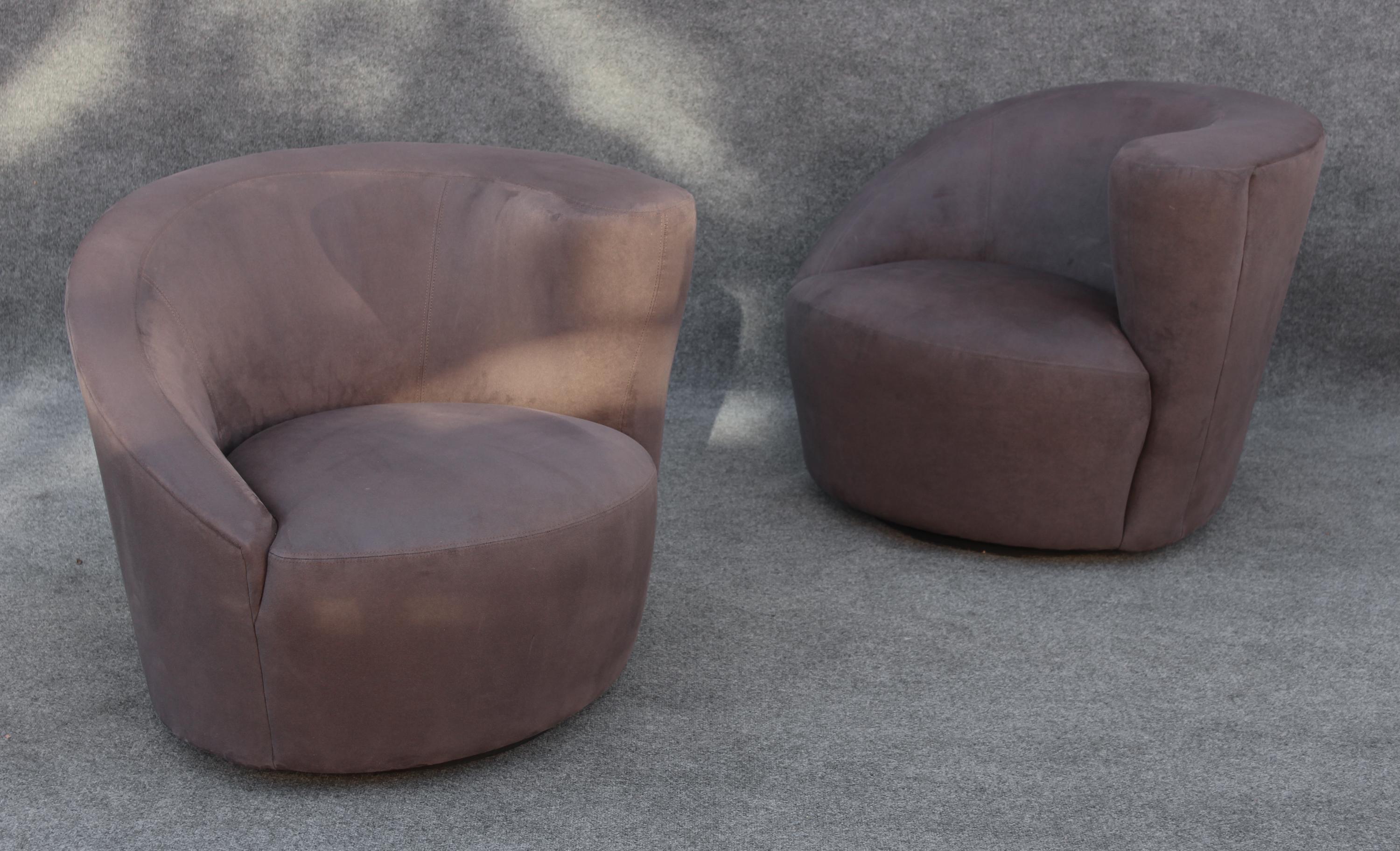 Pair Vladimir Kagan Directional Nautilus Corkscrew Matching Grey Swivel Chairs For Sale 9