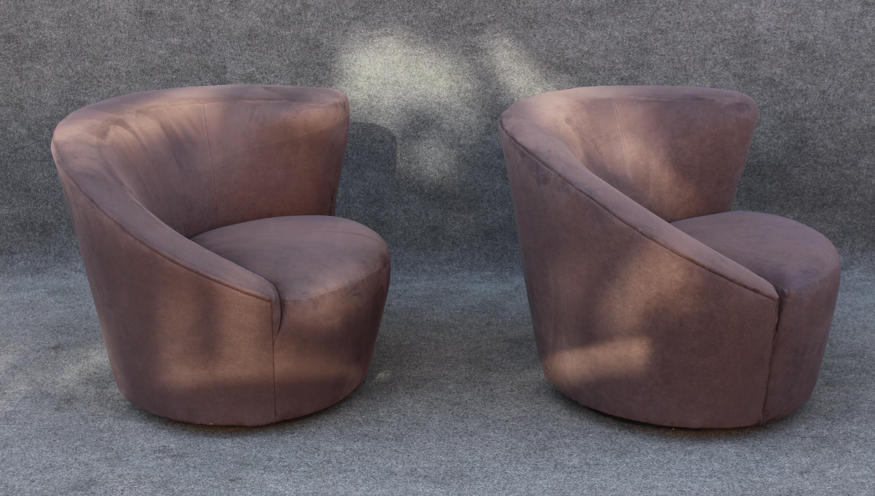 Late 20th Century Pair Vladimir Kagan Directional Nautilus Corkscrew Matching Grey Swivel Chairs For Sale