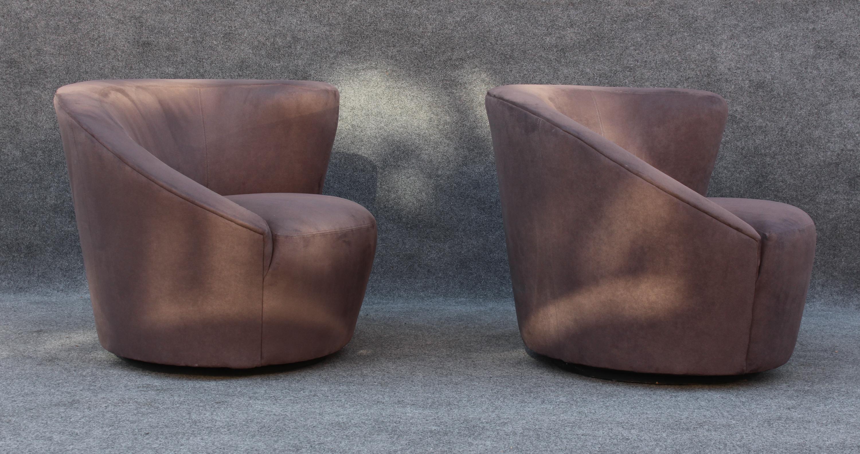 Upholstery Pair Vladimir Kagan Directional Nautilus Corkscrew Matching Grey Swivel Chairs For Sale