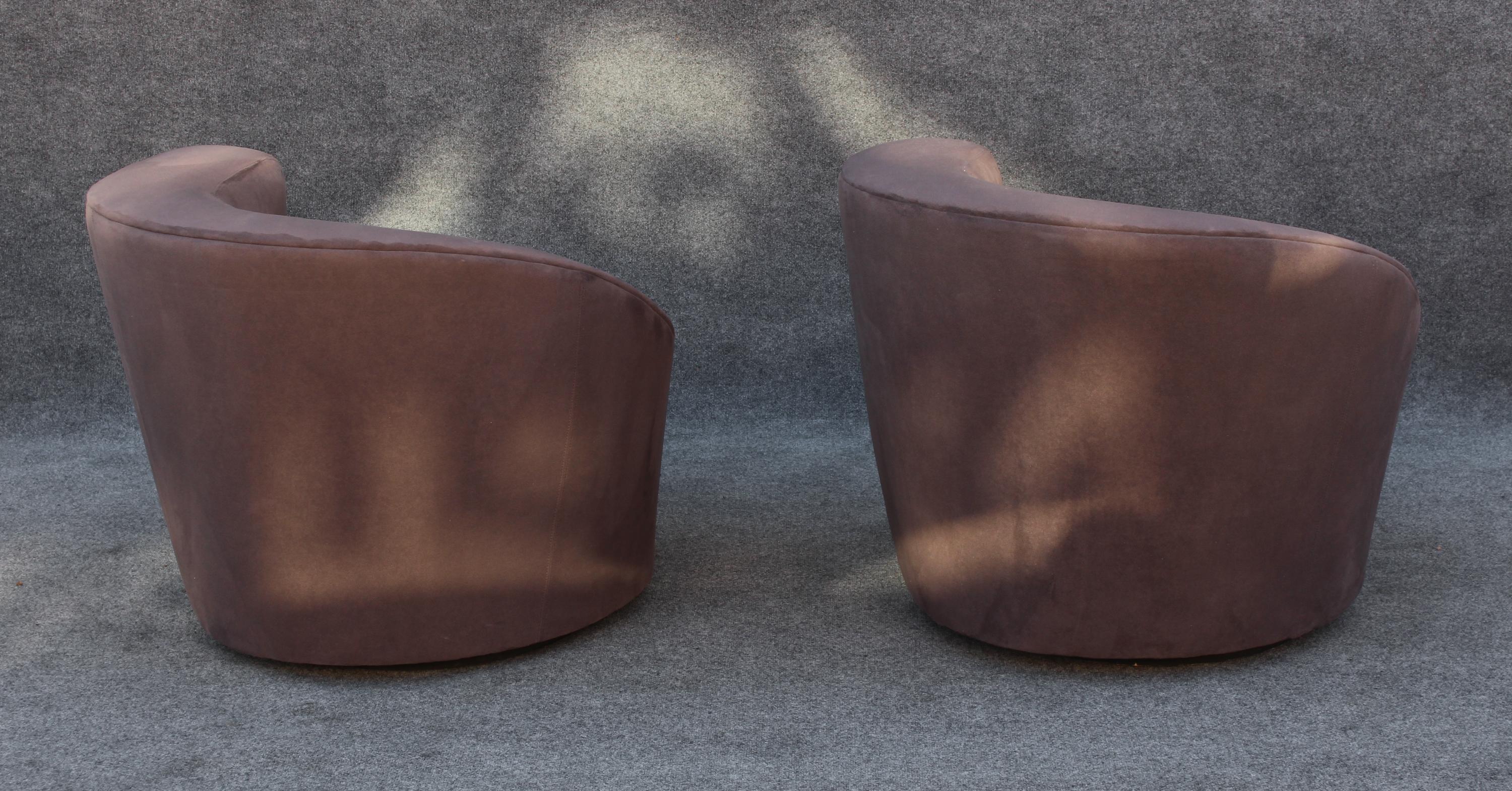 Pair Vladimir Kagan Directional Nautilus Corkscrew Matching Grey Swivel Chairs For Sale 1