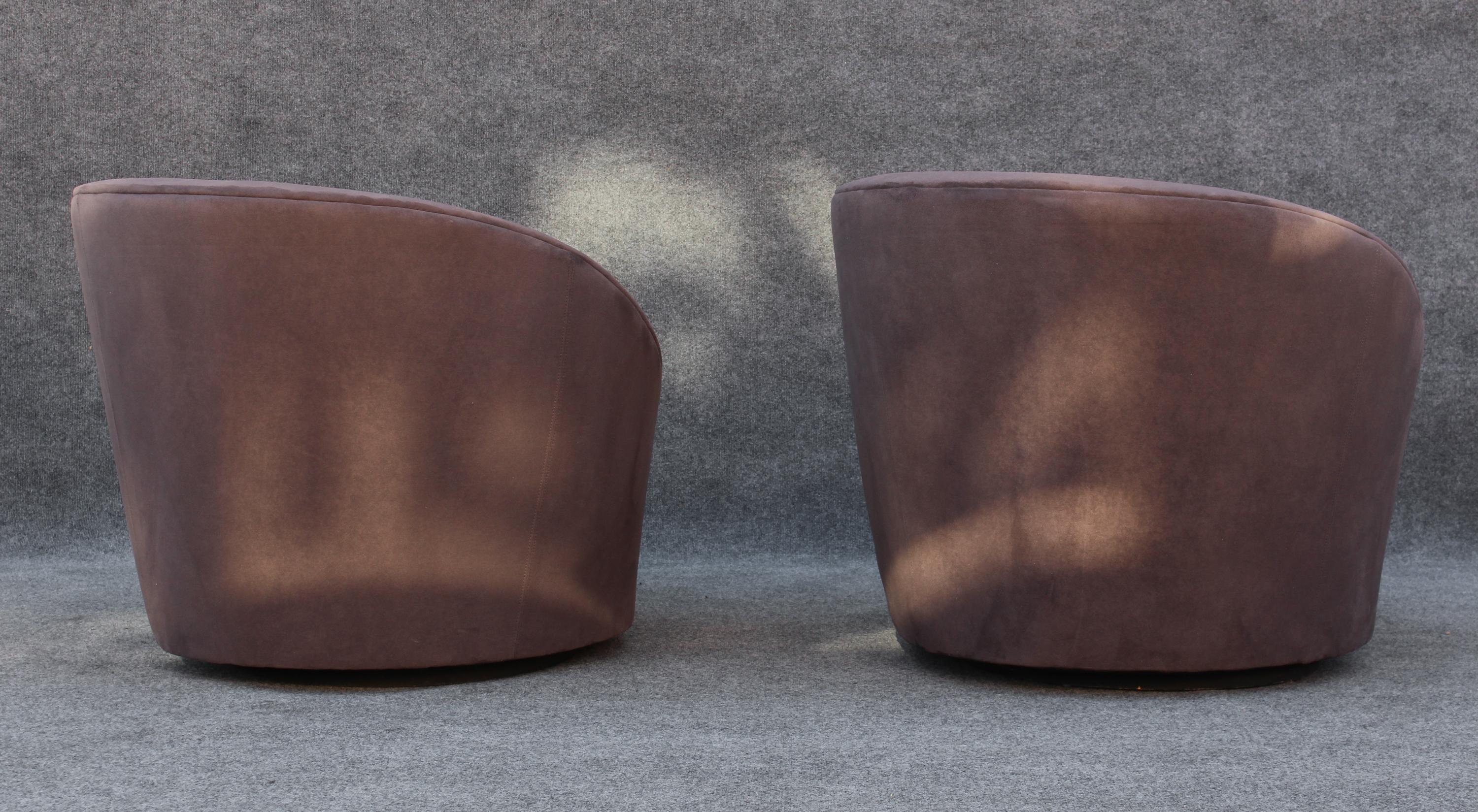 Pair Vladimir Kagan Directional Nautilus Corkscrew Matching Grey Swivel Chairs For Sale 2