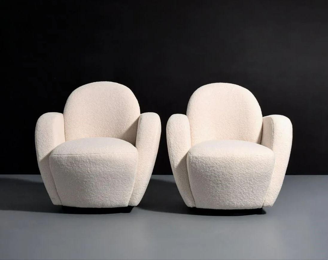 Post-Modern Pair Vladimir Kagan Swivel Lounge Chairs in Ivory Bouclé For Sale