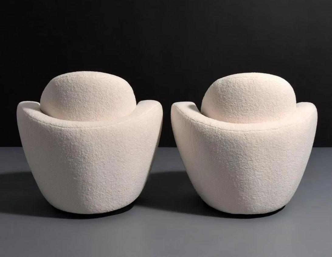 Pair Vladimir Kagan Swivel Lounge Chairs in Ivory Bouclé For Sale 3
