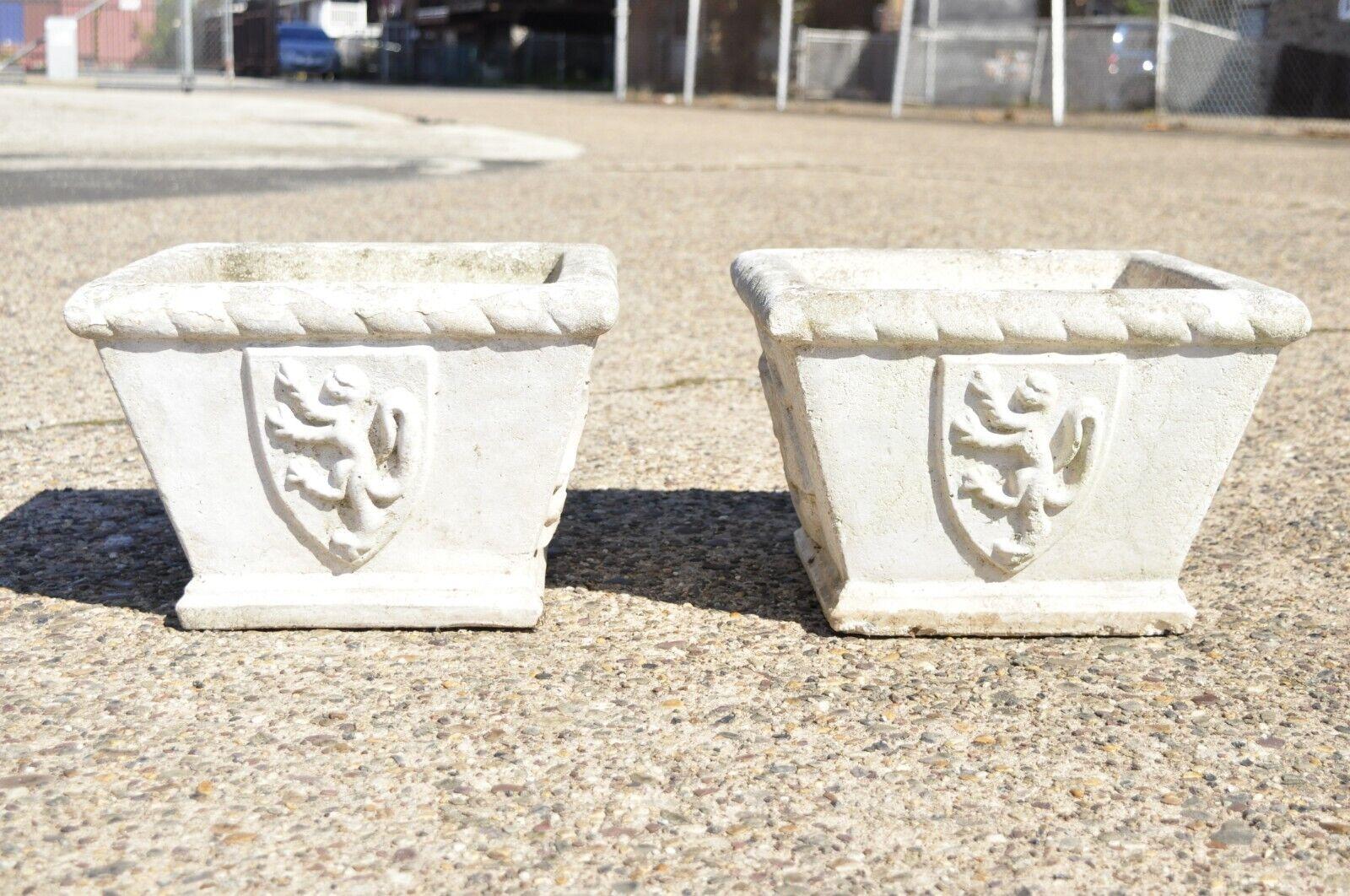 Pair Vtg Cast Concrete Garden Planter Box Pots with Ships and Shield with Lions In Good Condition In Philadelphia, PA
