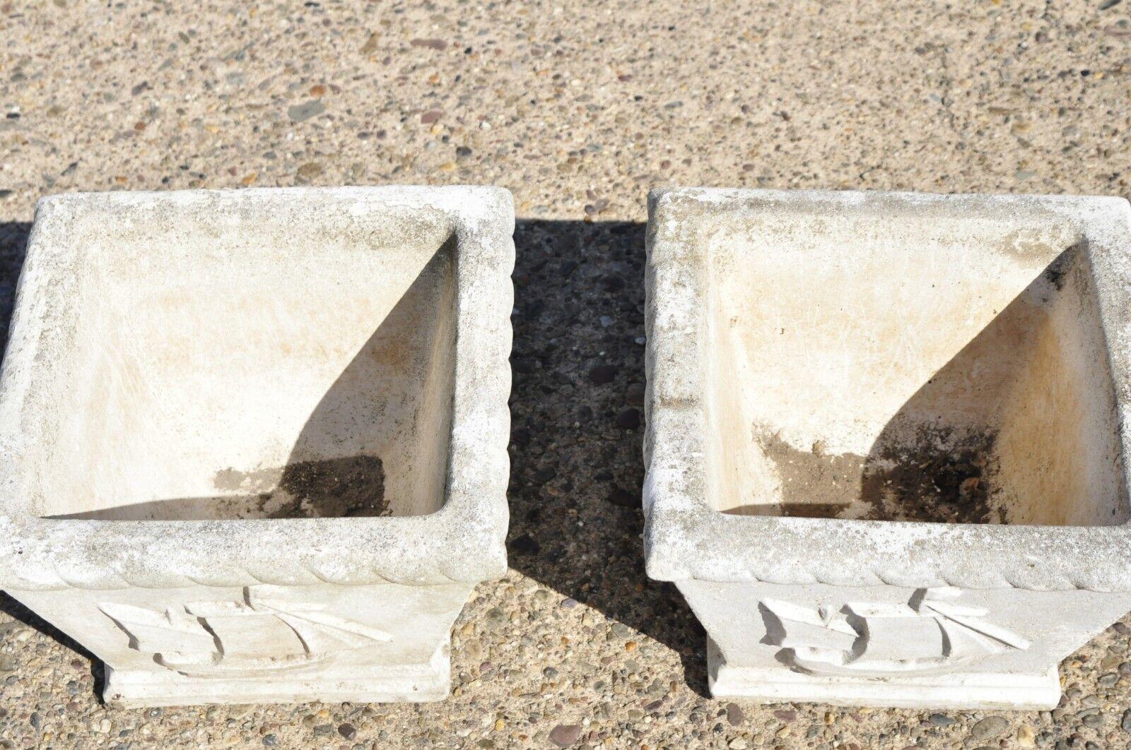 20th Century Pair Vtg Cast Concrete Garden Planter Box Pots with Ships and Shield with Lions