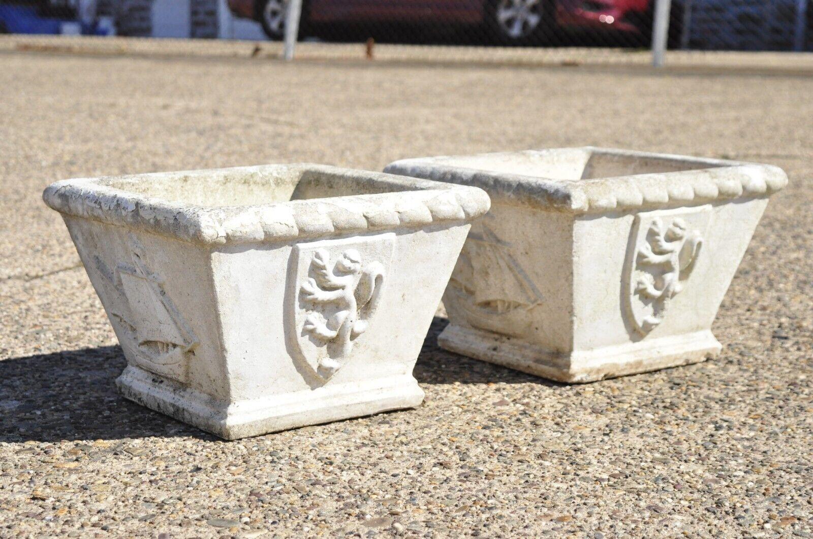 Pair Vtg Cast Concrete Garden Planter Box Pots with Ships and Shield with Lions 2