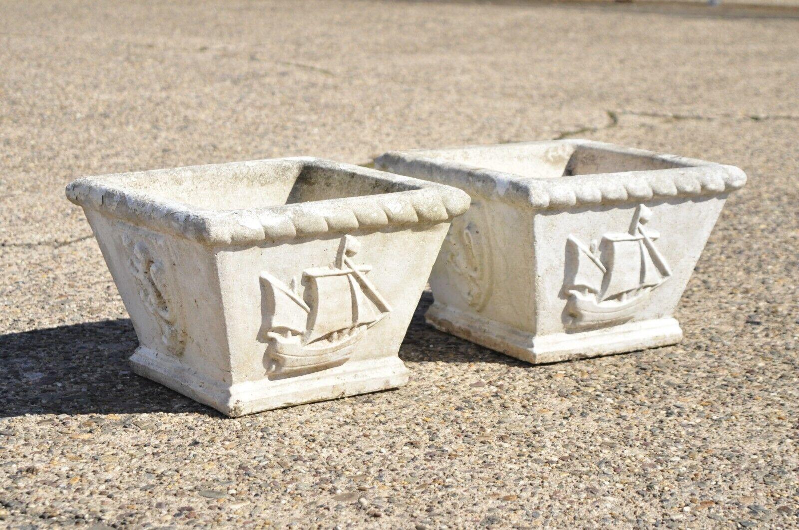 Pair Vtg Cast Concrete Garden Planter Box Pots with Ships and Shield with Lions 3