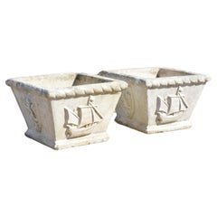 Pair Vtg Cast Concrete Garden Planter Box Pots with Ships and Shield with Lions