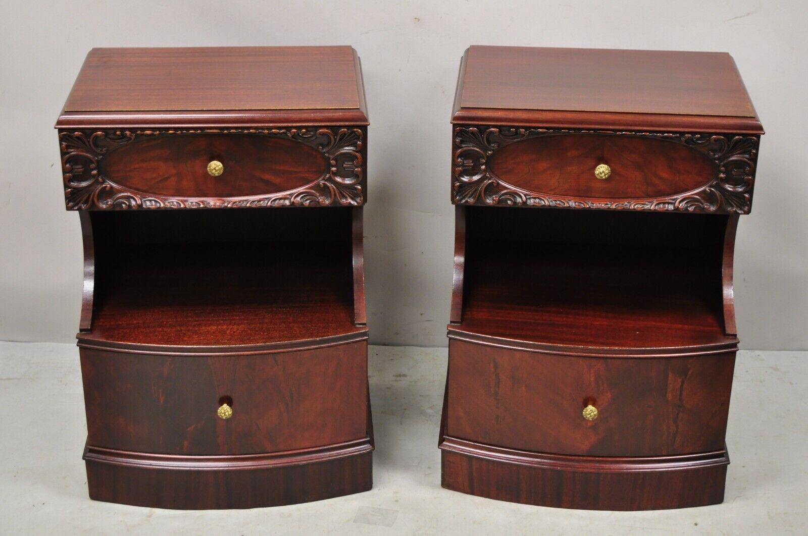 Pair of Vintage Chinese Chippendale Flame Mahogany 2 Drawer Nightstands Bedside Tables. Item features beautiful wood grain, nicely carved details, 2 drawers, very nice vintage pair, quality American craftsmanship, great style and form. Circa Early