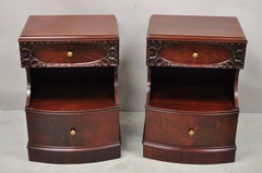 Pair Vtg Chinese Chippendale Flame Mahogany 2 Drawer Nightstands Bedside Tables