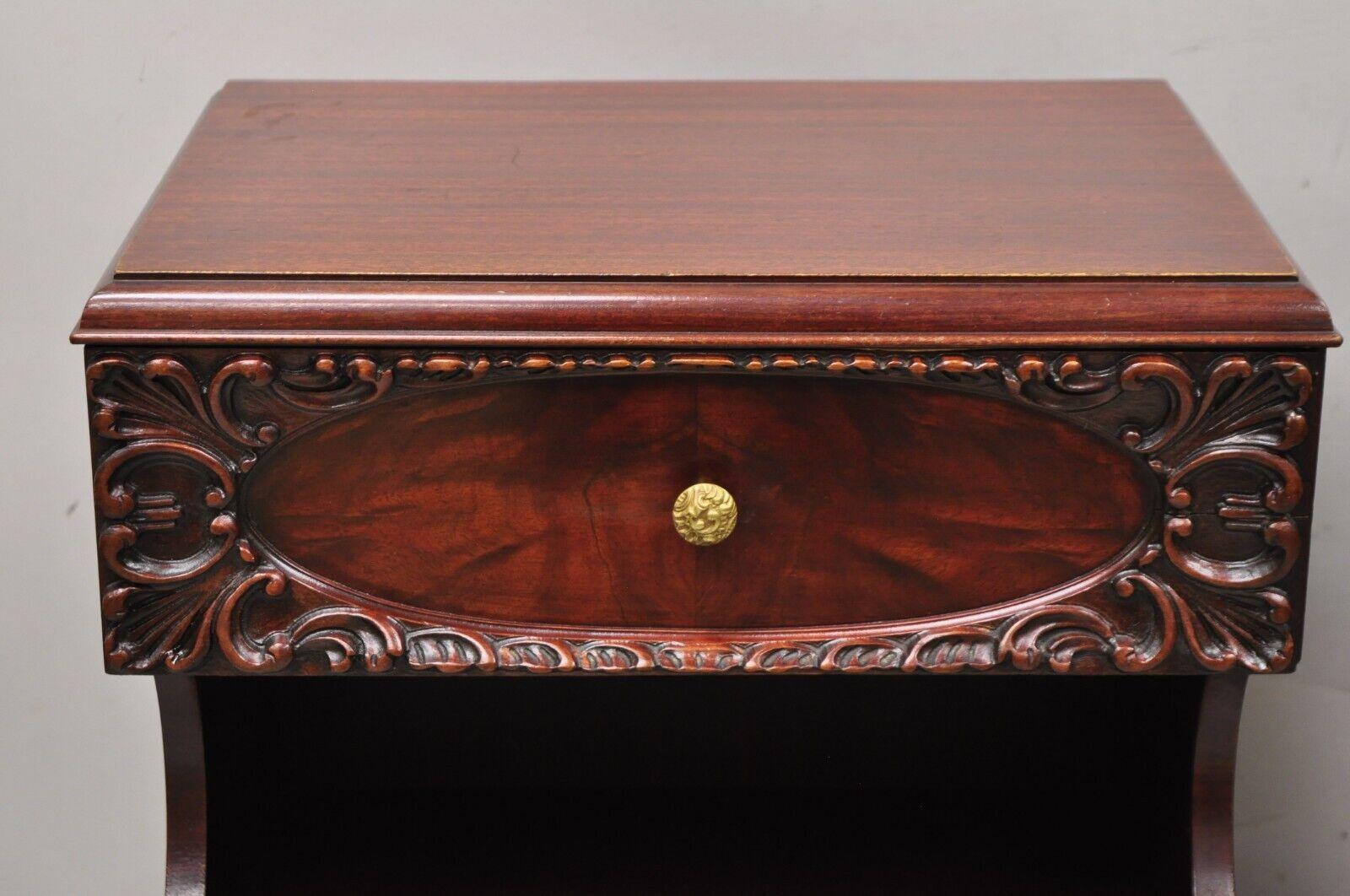 20th Century Pair Vtg Chinese Chippendale Flame Mahogany 2 Drawer Nightstands Bedside Tables For Sale