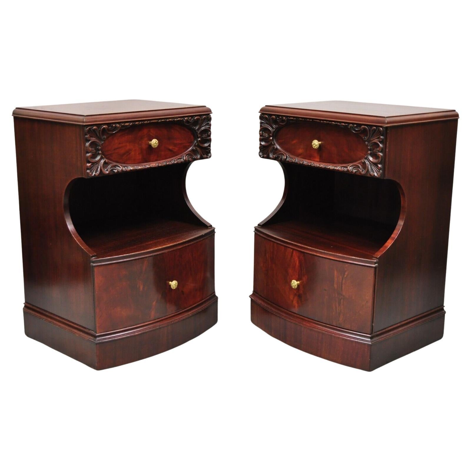 Pair Vtg Chinese Chippendale Flame Mahogany 2 Drawer Nightstands Bedside Tables For Sale
