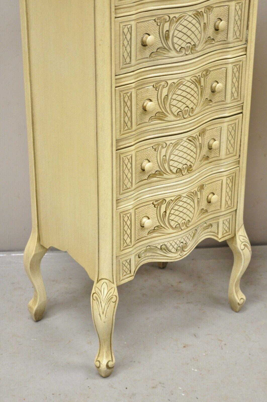 Pair Vtg French Country Provincial Style Cream Painted 5 Drawer Chest Nightstand For Sale 5