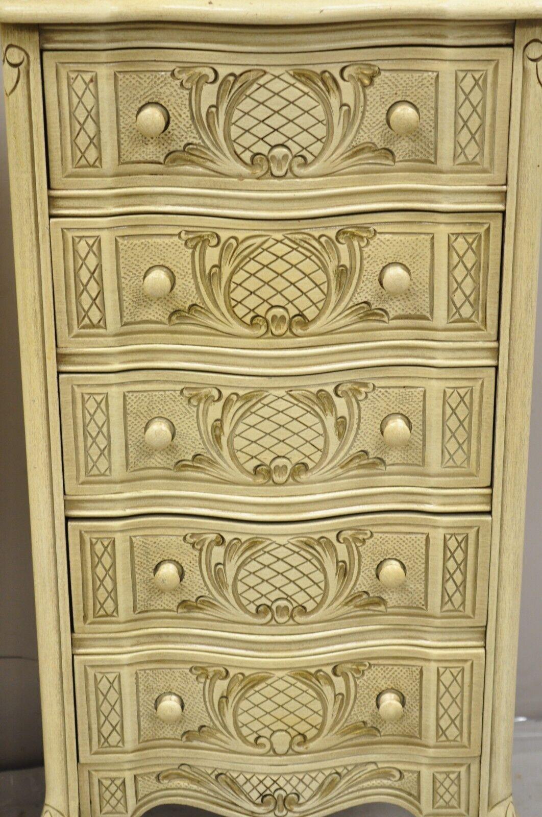 Pair Vtg French Country Provincial Style Cream Painted 5 Drawer Chest Nightstand For Sale 6