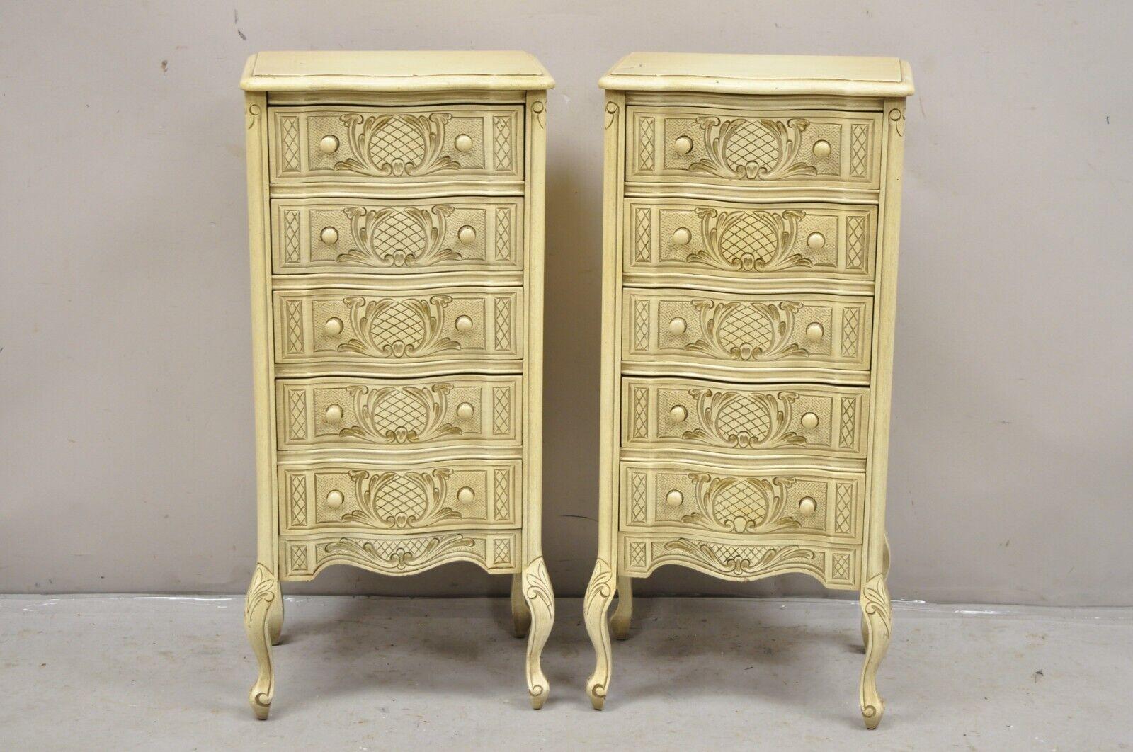 Pair of Vintage French Country Provincial Style Cream Painted 5 Drawer Chest Nightstands. Item features nicely carved details, cream painted finish, serpentine fronts, very nice vintage pair. Circa Mid 20th Century. Measurements: 35