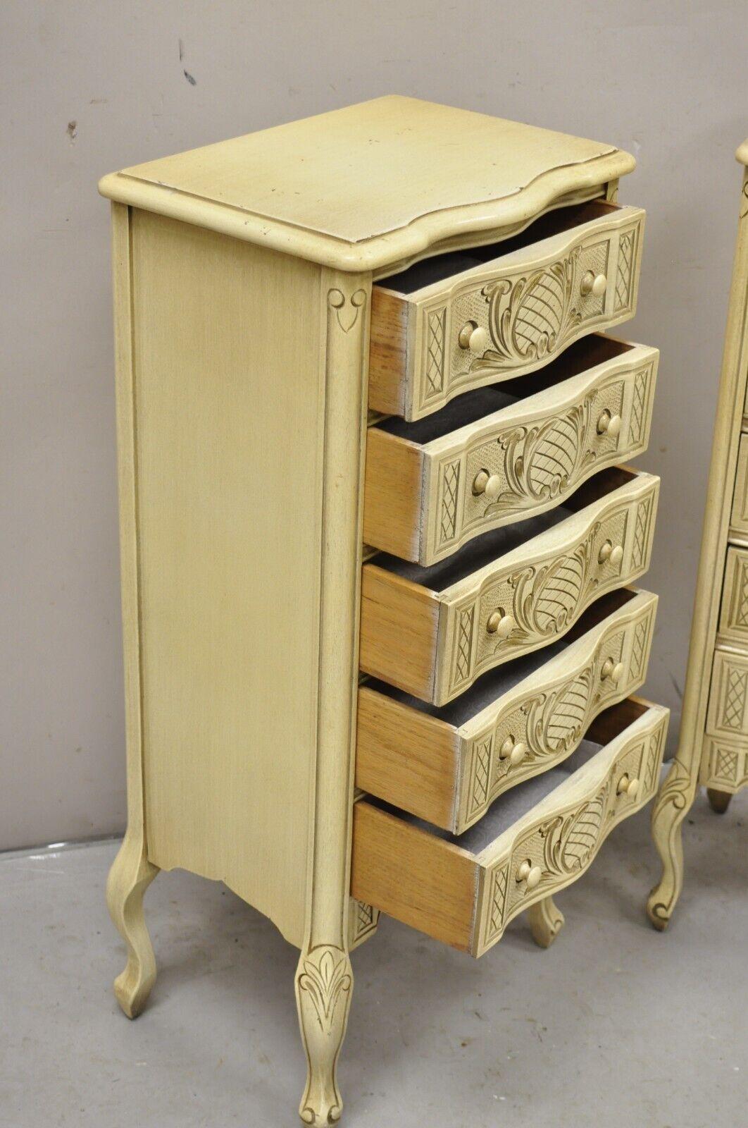 French Provincial Pair Vtg French Country Provincial Style Cream Painted 5 Drawer Chest Nightstand For Sale