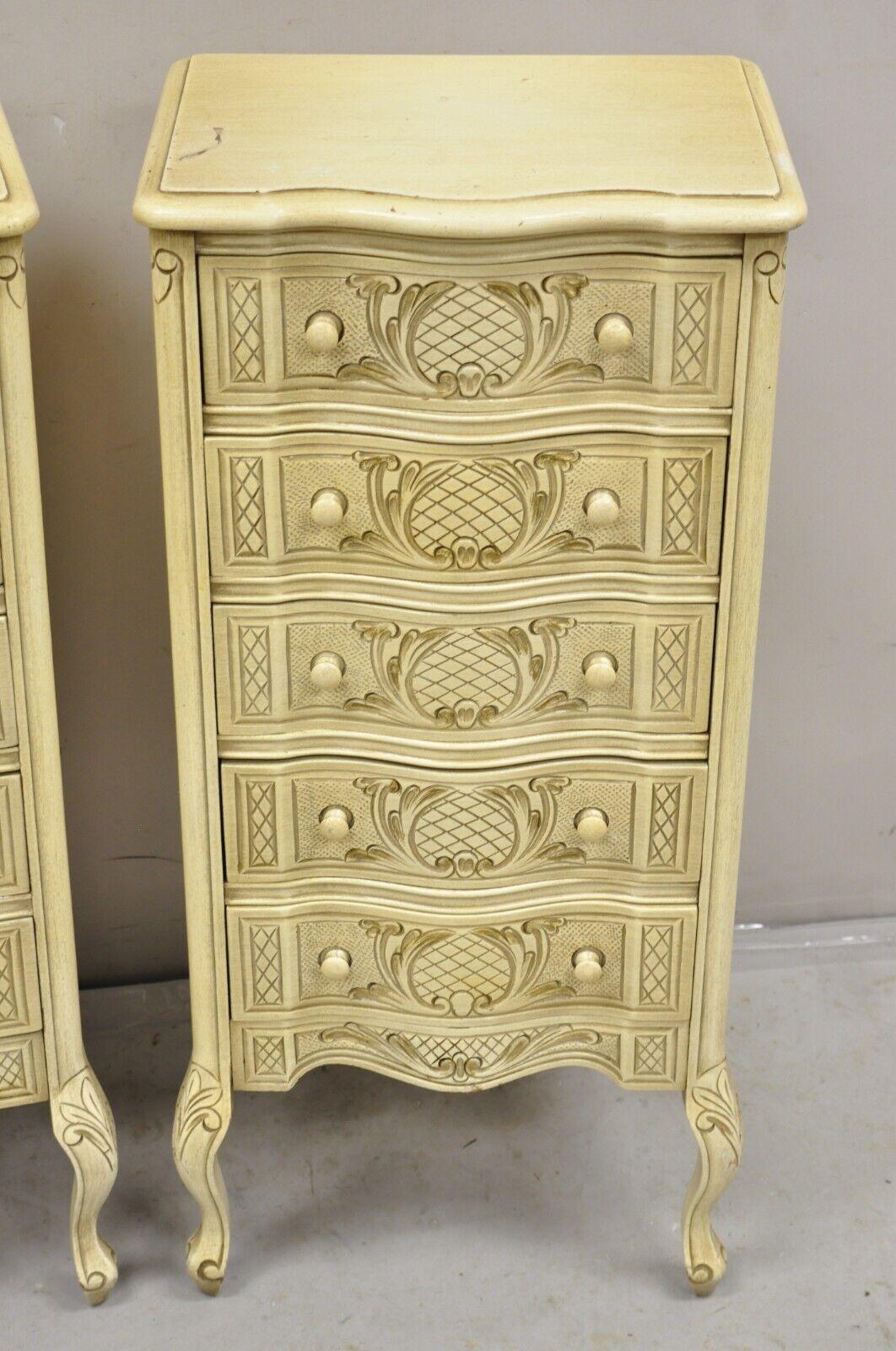 Wood Pair Vtg French Country Provincial Style Cream Painted 5 Drawer Chest Nightstand For Sale
