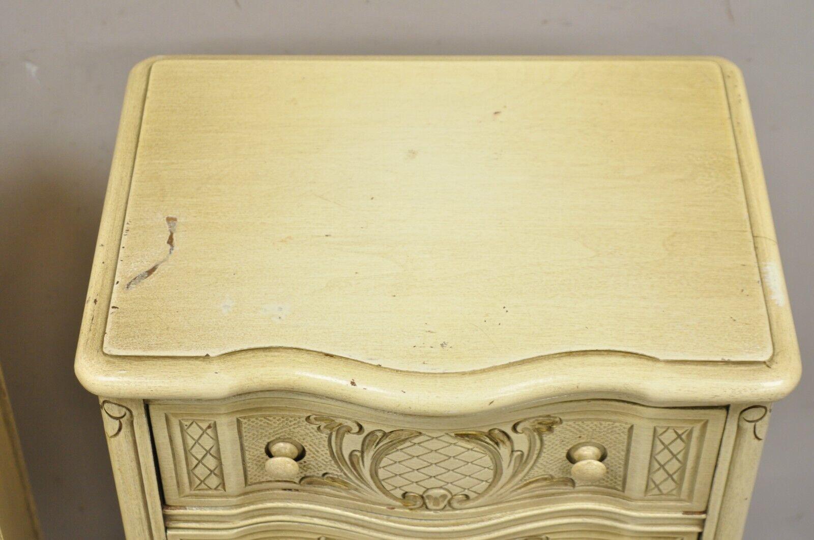 Pair Vtg French Country Provincial Style Cream Painted 5 Drawer Chest Nightstand For Sale 1