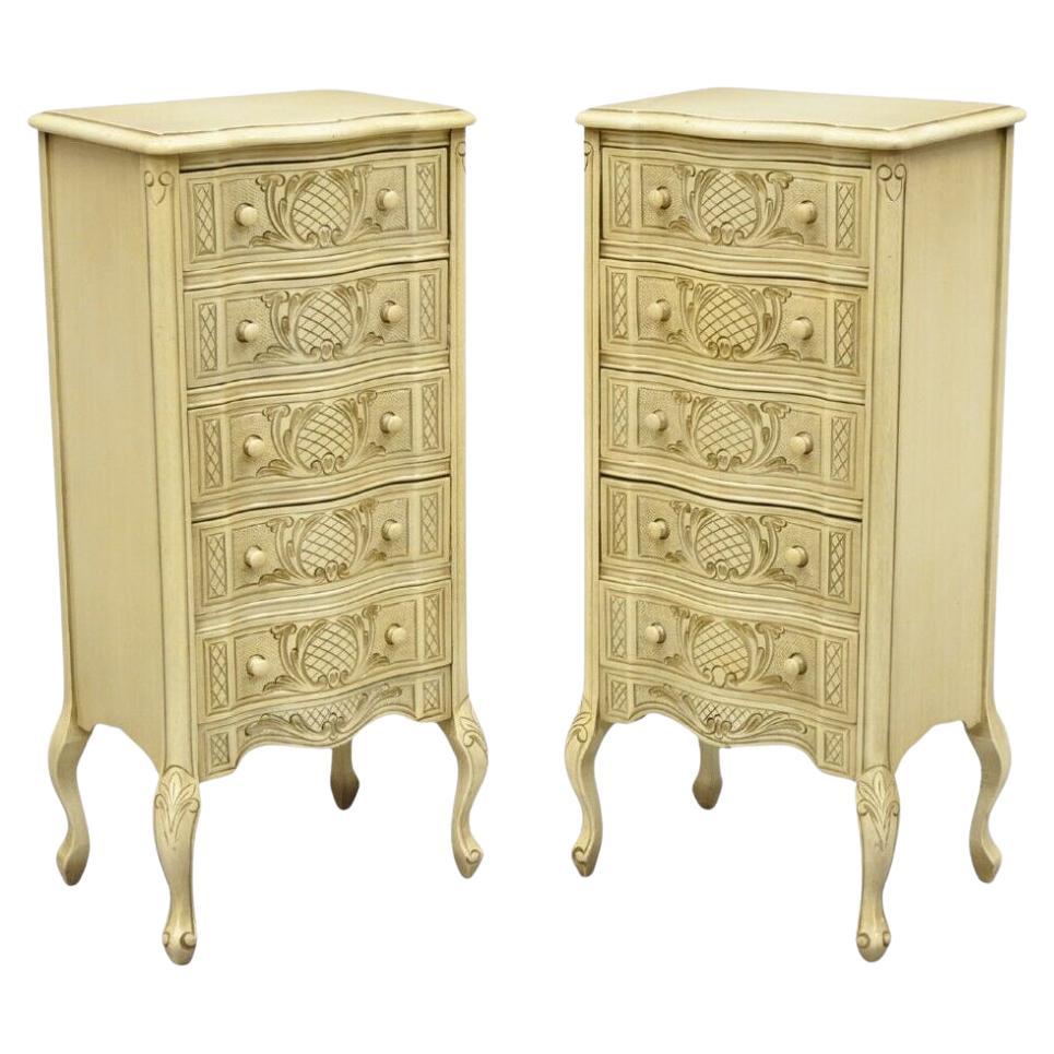 Pair Vtg French Country Provincial Style Cream Painted 5 Drawer Chest Nightstand For Sale