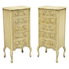 Retro Pair Vtg French Country Provincial Style Cream Painted 5 Drawer Chest Nightstand