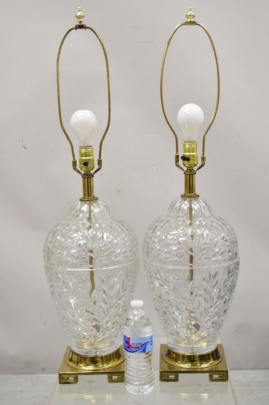 Pair Vtg French Style Cut Crystal Glass Bulbous Table Lamps Brass Greek Key Base 6