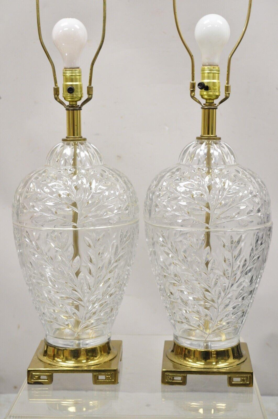 Pair Vtg French Style Cut Crystal Glass Bulbous Table Lamps Brass Greek Key Base 8
