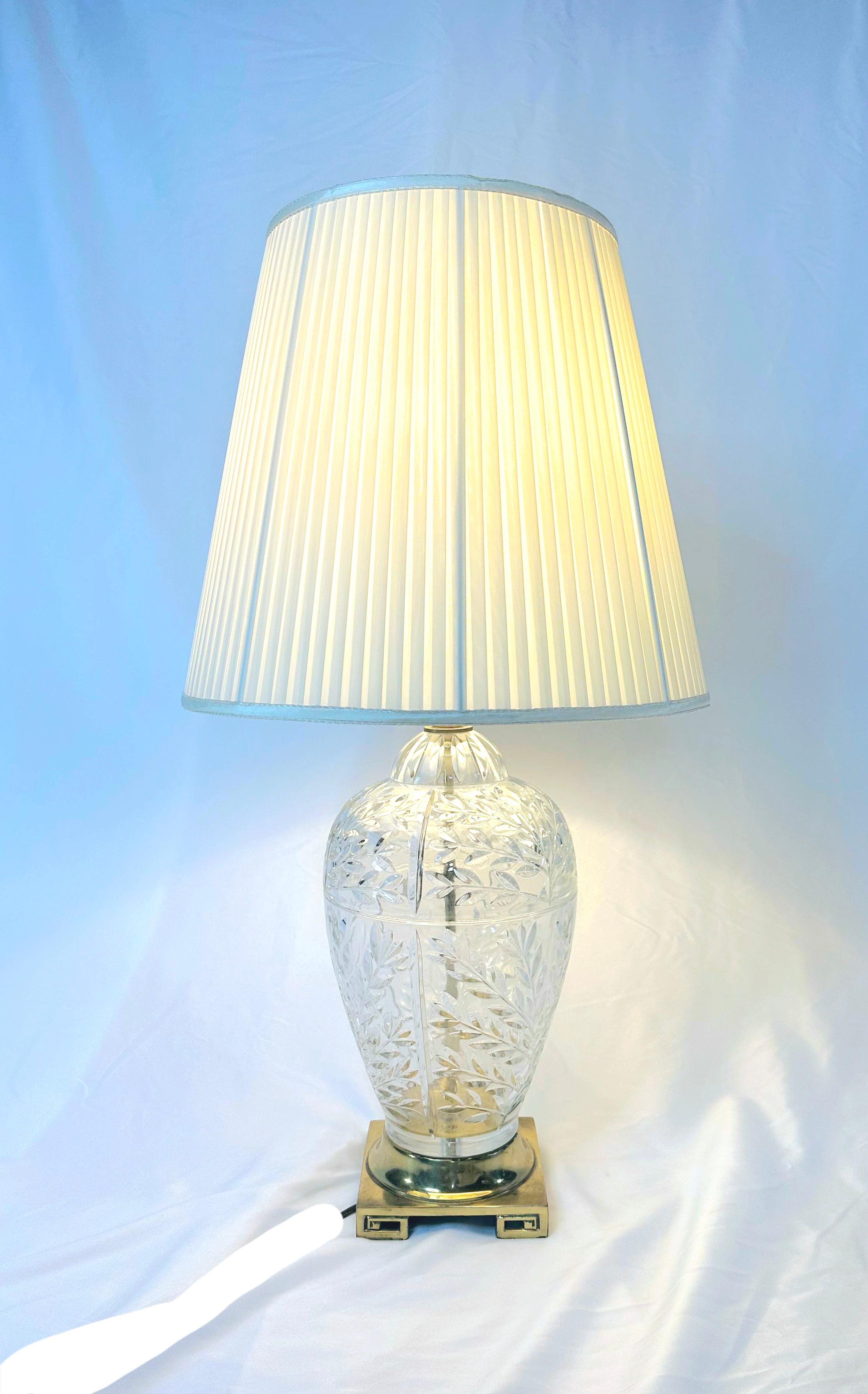 Hollywood Regency Pair Vtg French Style Cut Crystal Glass Bulbous Table Lamps Brass Greek Key Base For Sale