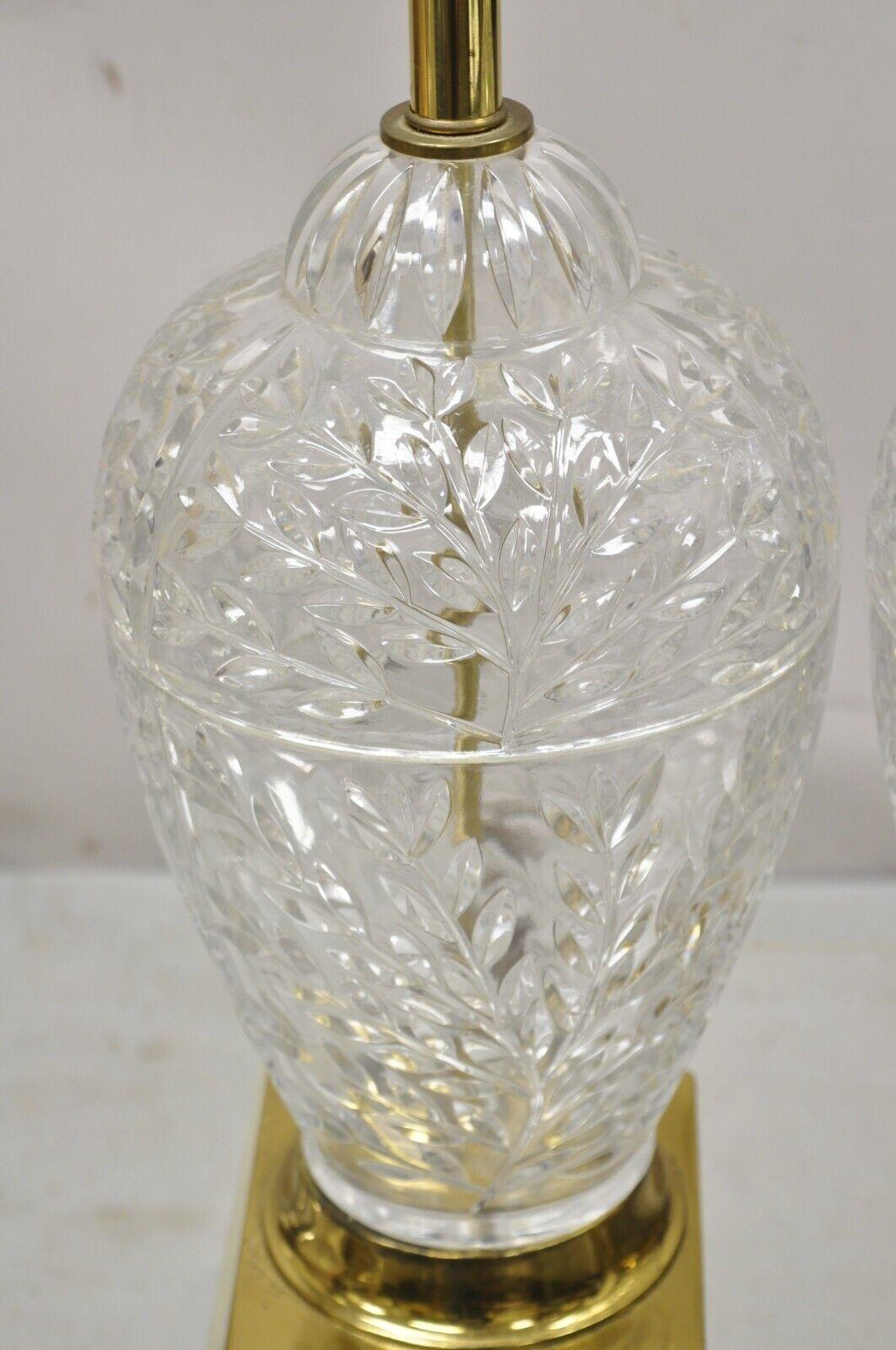 20th Century Pair Vtg French Style Cut Crystal Glass Bulbous Table Lamps Brass Greek Key Base