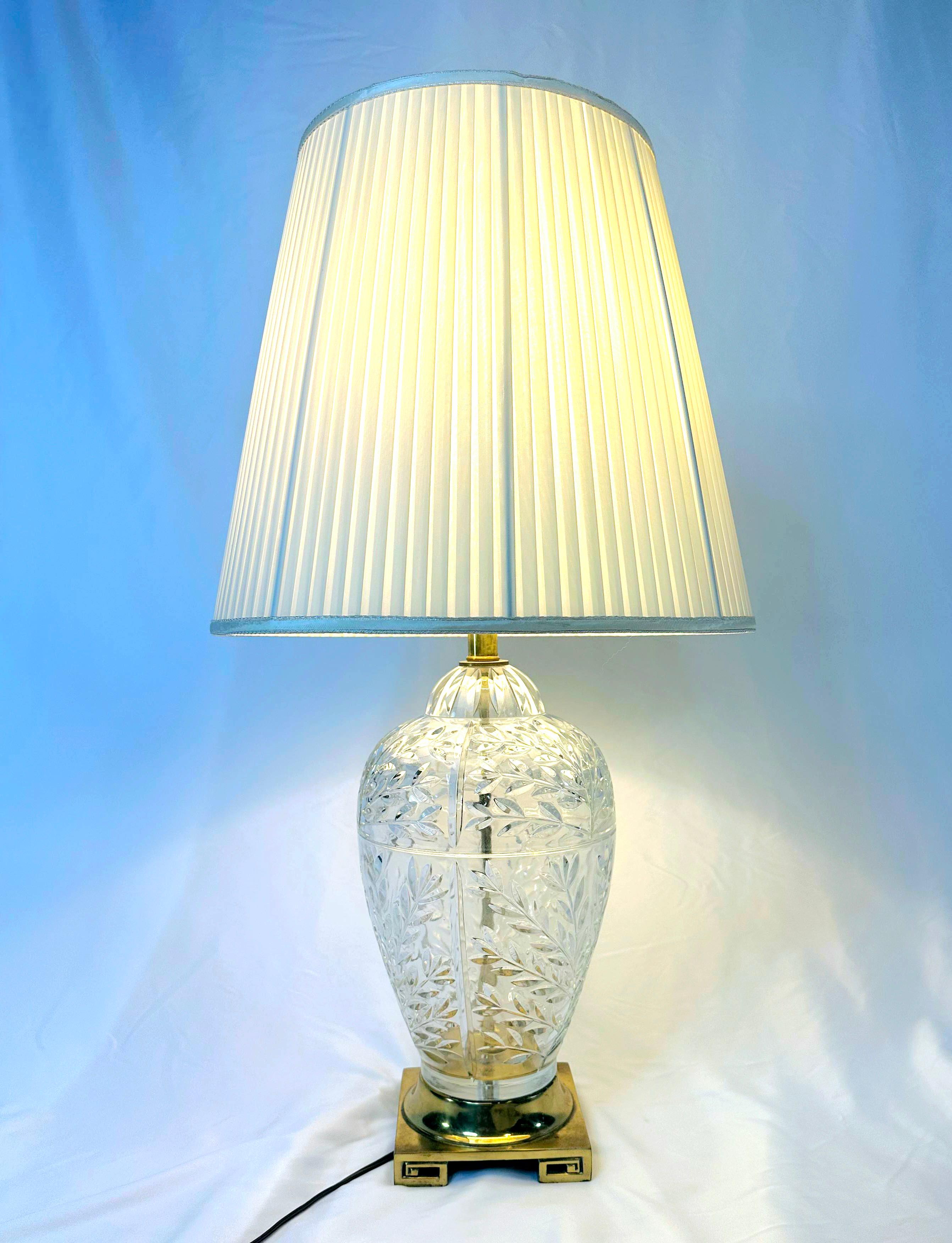 Pair Vtg French Style Cut Crystal Glass Bulbous Table Lamps Brass Greek Key Base For Sale 1
