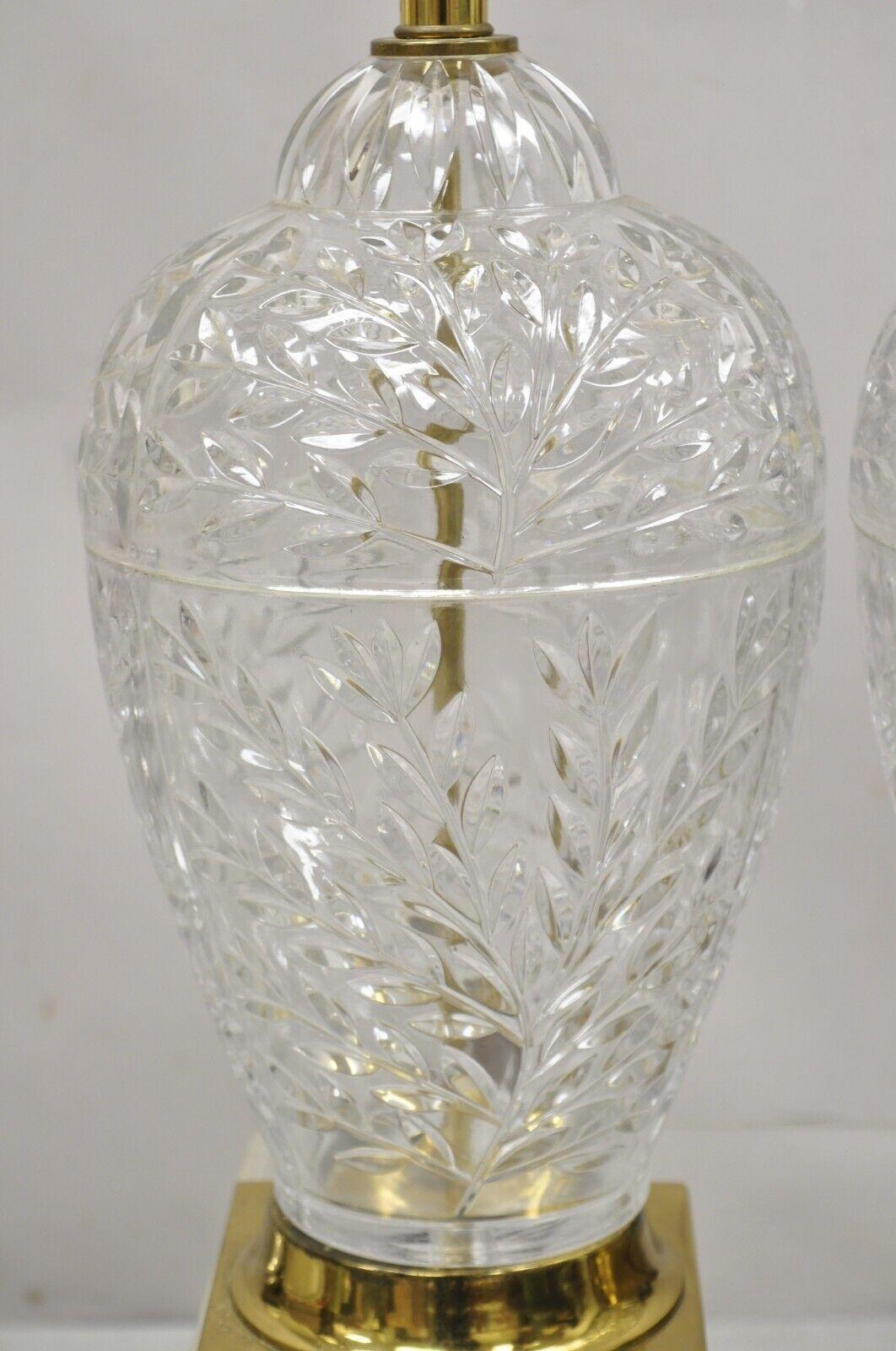 Pair Vtg French Style Cut Crystal Glass Bulbous Table Lamps Brass Greek Key Base 3
