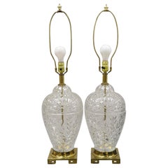 Pair Vtg French Style Cut Crystal Glass Bulbous Table Lamps Brass Greek Key Base