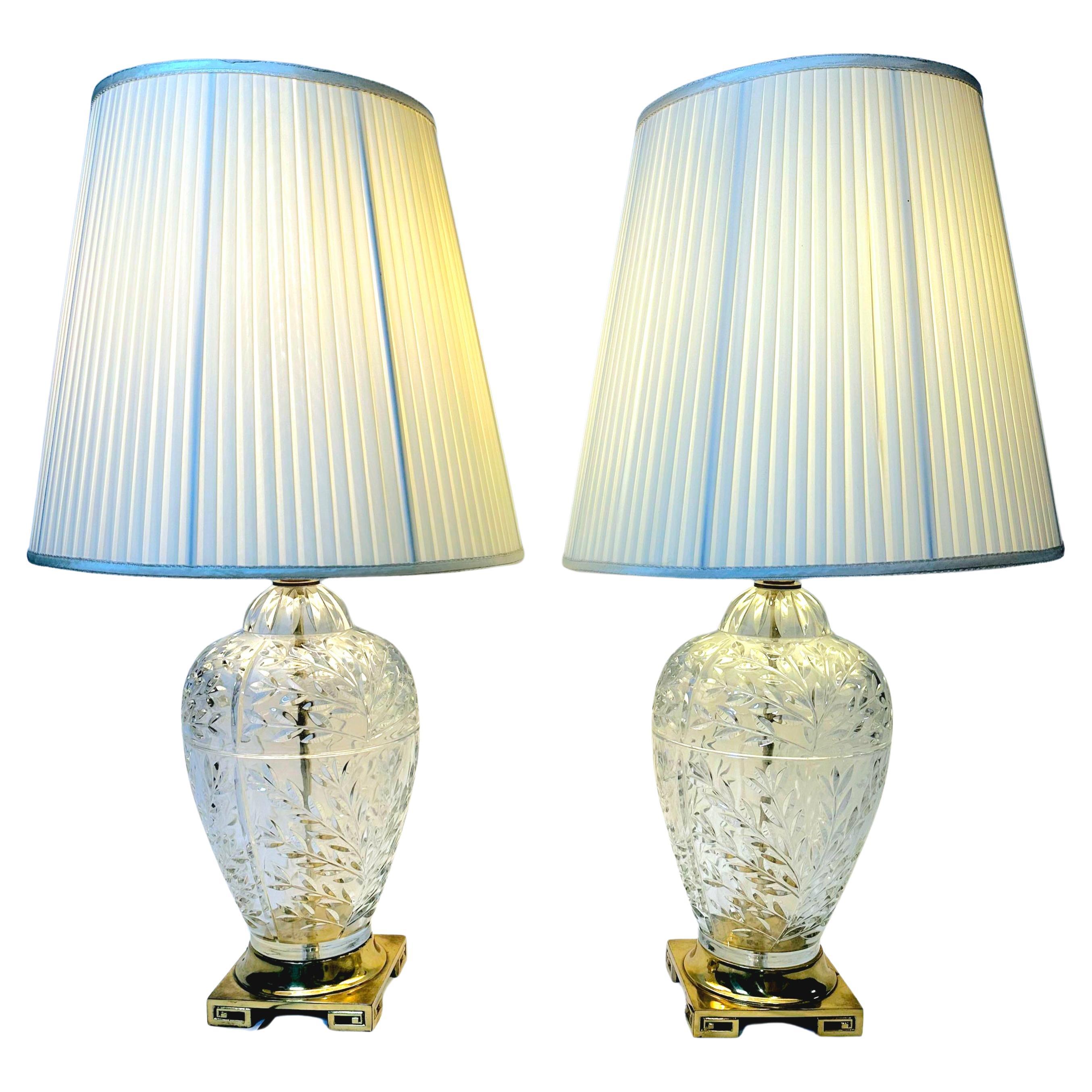 Pair Vtg French Style Cut Crystal Glass Bulbous Table Lamps Brass Greek Key Base For Sale