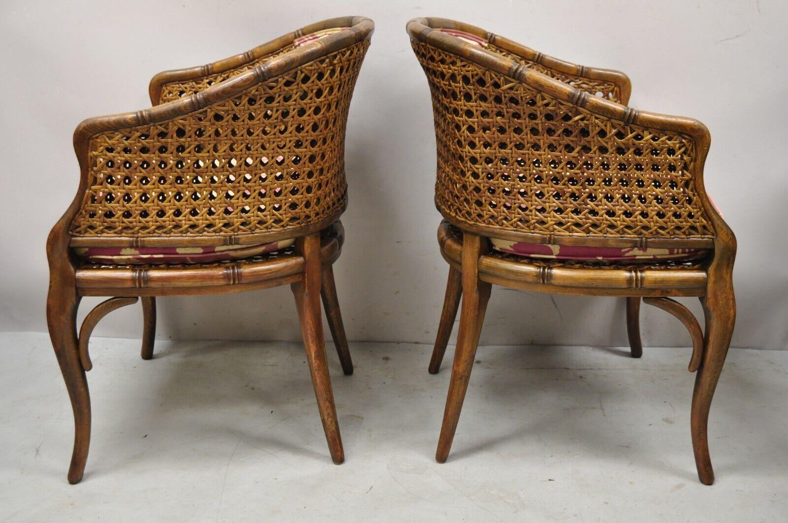 Pair Vtg Hollywood Regency Faux Bamboo Cane Barrel Back Club Lounge Chairs 'a' In Good Condition For Sale In Philadelphia, PA