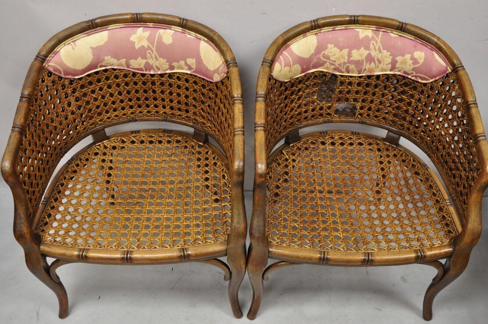 Pair Vtg Hollywood Regency Faux Bamboo Cane Barrel Back Club Lounge Chairs 'a' For Sale 4