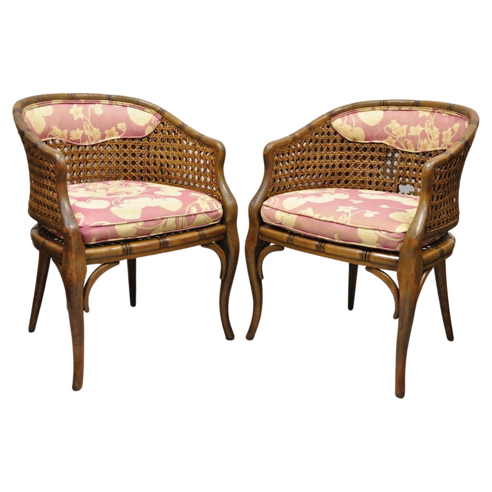 Pair Vtg Hollywood Regency Faux Bamboo Cane Barrel Back Club Lounge Chairs 'a' For Sale