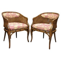 Retro Pair Vtg Hollywood Regency Faux Bamboo Cane Barrel Back Club Lounge Chairs 'a'