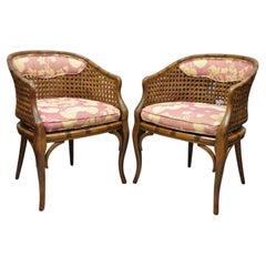 Pair Vtg Hollywood Regency Faux Bamboo Cane Barrel Back Club Lounge Chairs 'a'